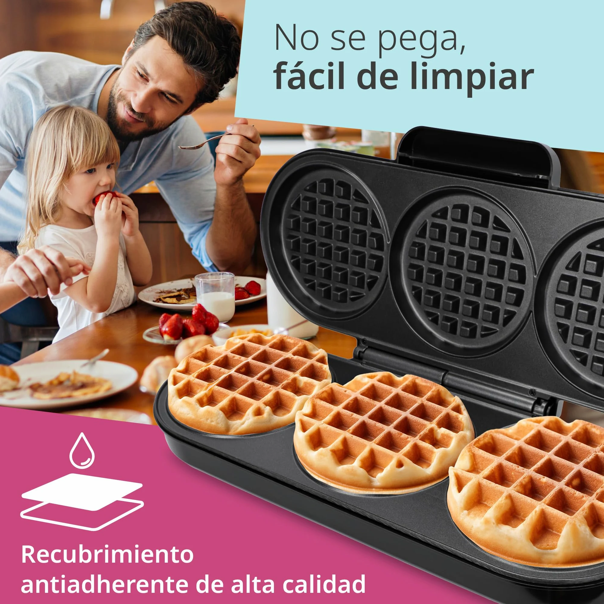ADE Gofrera XL para 3 gofres redondos al mismo tiempo | 1.200 vatios | waffle maker con revestimiento antiadherente | perfecta para fiestas de cumpleaños infantiles