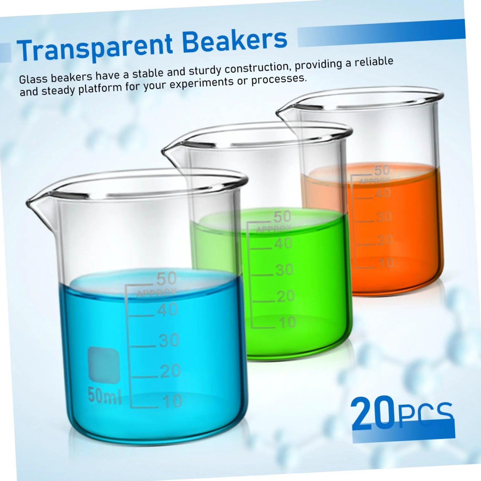 Vasos Medidores de Vidrio de 50ml Graduación y Uso Versátil Fáciles de Limpiar Set de 20 para Laboratorio y Experimentos Científicos