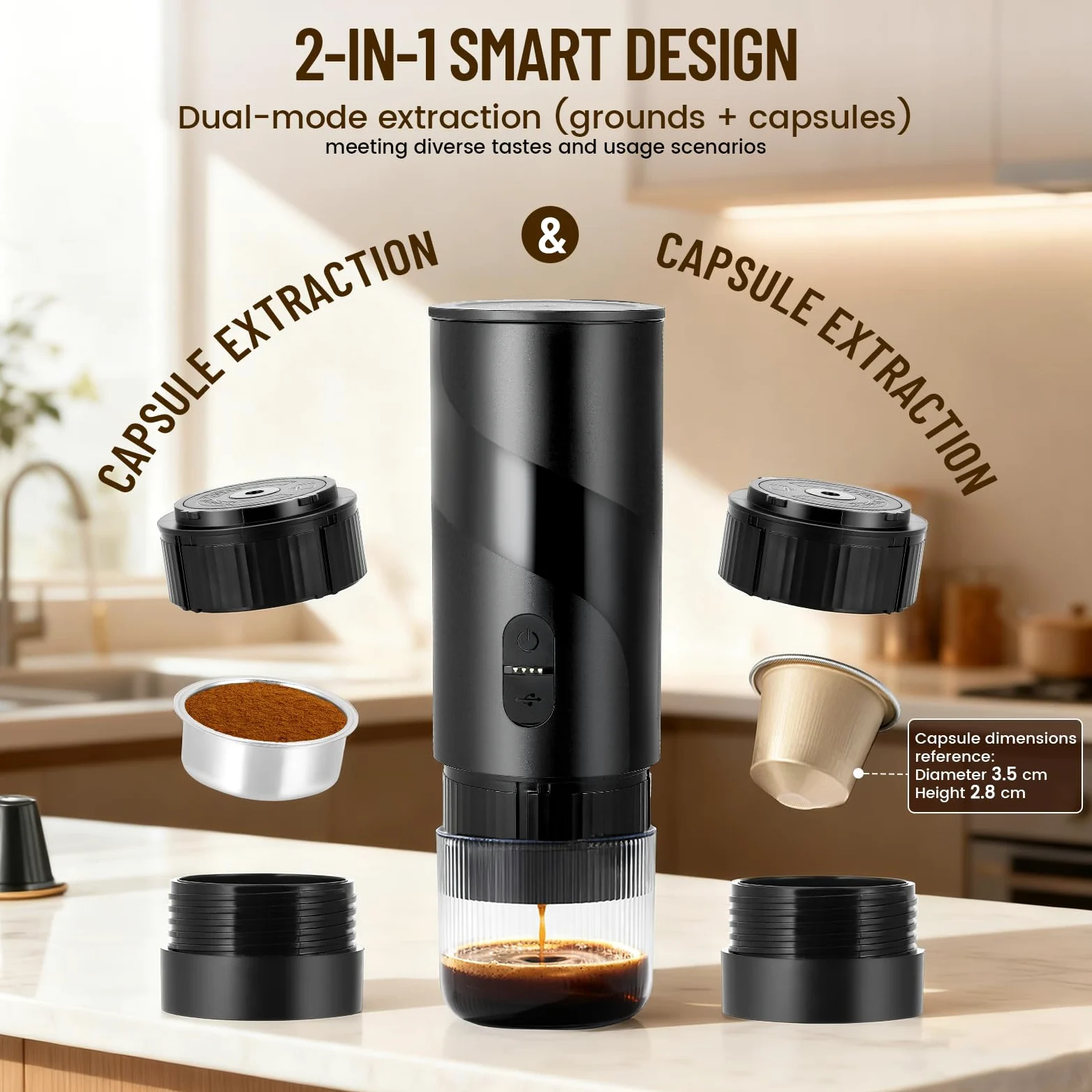 Máquina de Café 3 en 1 Portátil Compatible con 3.5 x 2.8cm Cápsulas y café molido, Cafetera Espresso Eléctrica para Camping Viaje Oficina, Calentamiento Rápido Cafetera con depósito de agua de 100ml