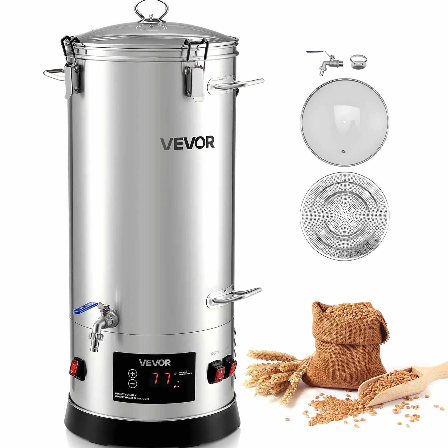 VEVOR Sistema Eléctrico de Elaboración de Cerveza, Olla de Cocción de 30 L, Carcasa de Acero Inoxidable 304, Macerador con Barril Interior Integrado, Asa y Grifo Reforzados, 420 x 325 x 720 mm