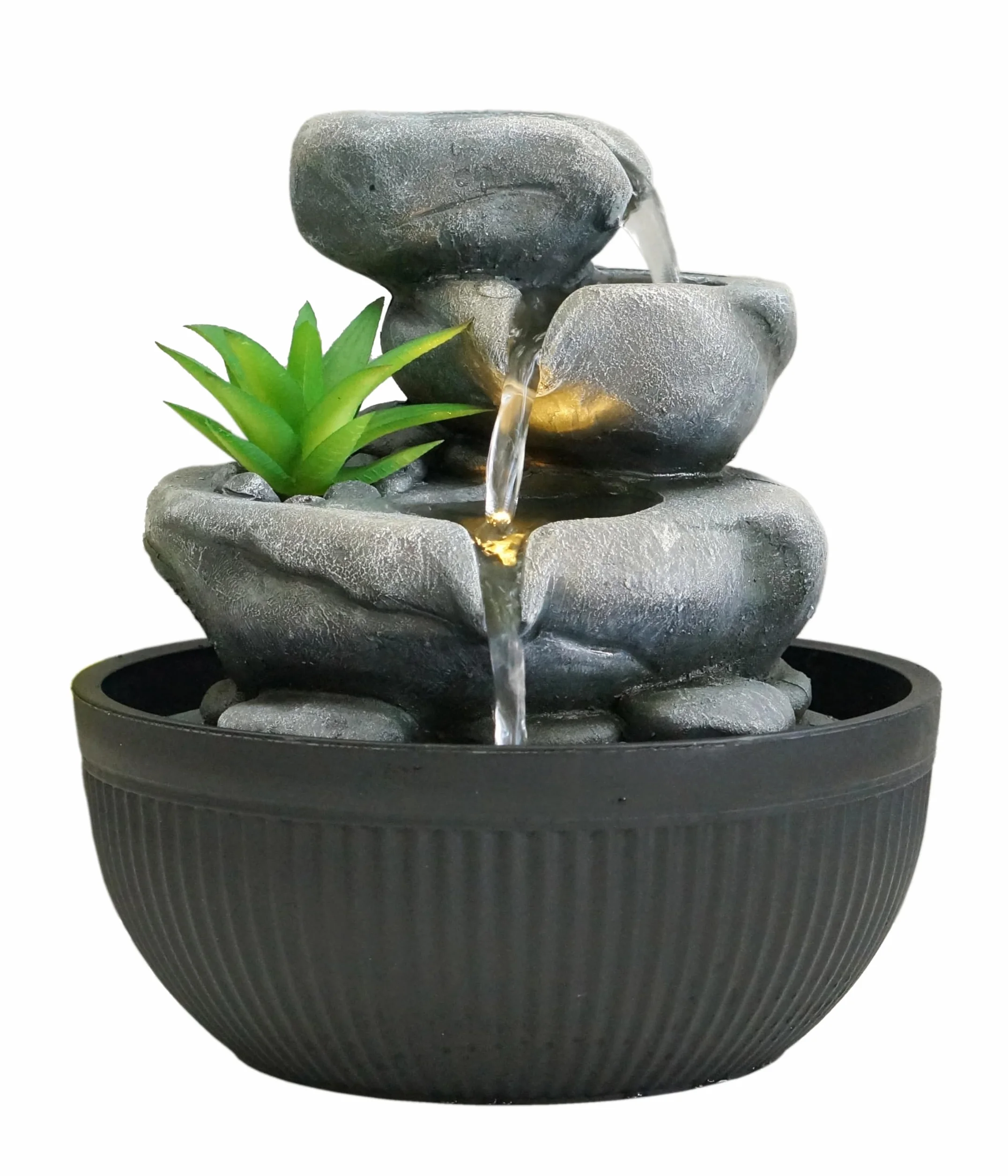 Fuente de Interior Dehner Lono, Fuente con iluminación LED, Aprox. Ø 21 cm, 21 cm de Alto, poliresina, Gris/Negro
