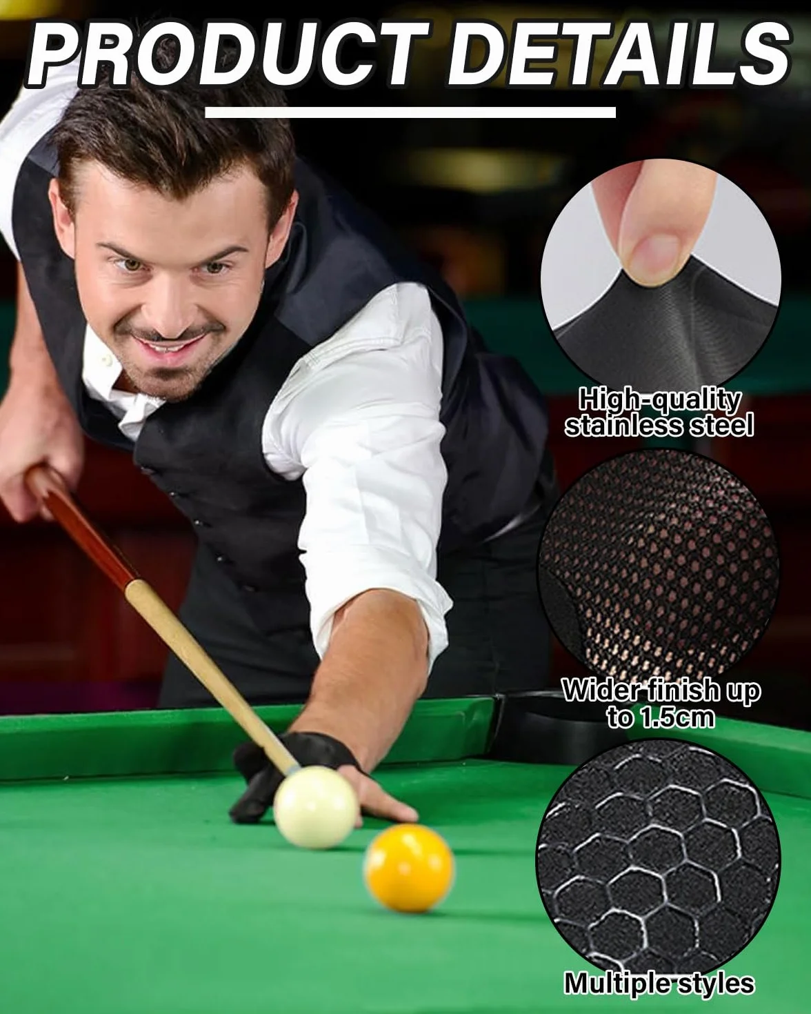 Guantes de Billar Transpirables y Antideslizantes - Abiertos de Tres Dedos, Ajustables, Para Snooker y Taco de Billar, Mano izquierda, Color Negro,1pcs