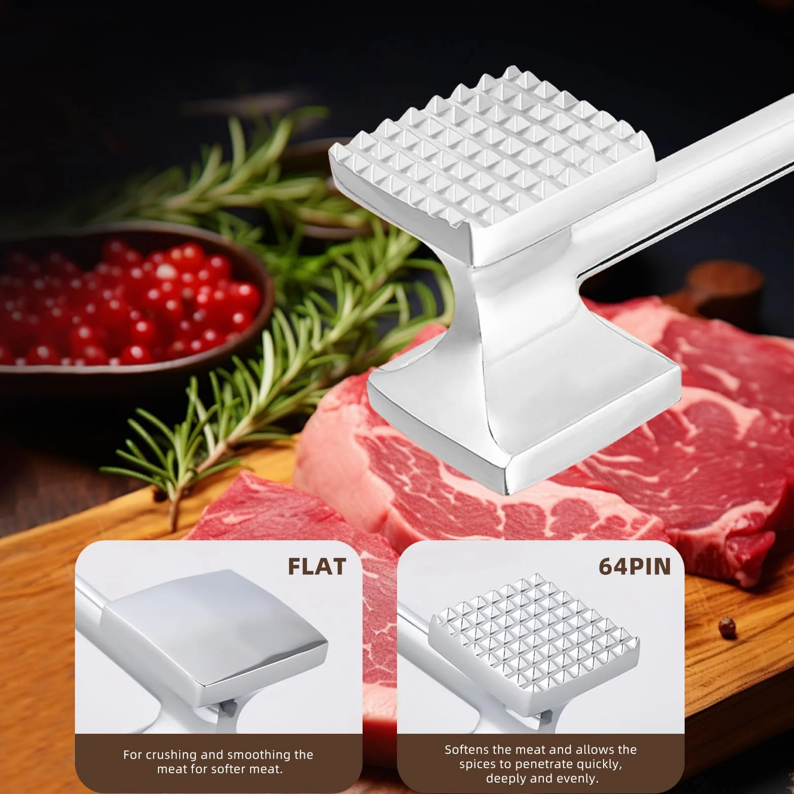 Martillo Carne de Cocina de 27 cm en Acero Inoxidable – Ablandador de Carne de Doble Cara Antiadherente para filetes, chuletas, Cerdo y Pollo