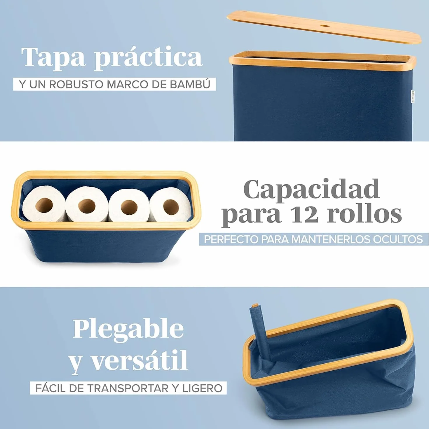 LONBET para 12 Rollos Almacenaje Papel Higienico con Tapa de Bambú - Almacenamiento Baño Plegable e Impermeable - Diseño Elegante y Apilable con Montaje Rápido - Toilet Paper Storage, Azul