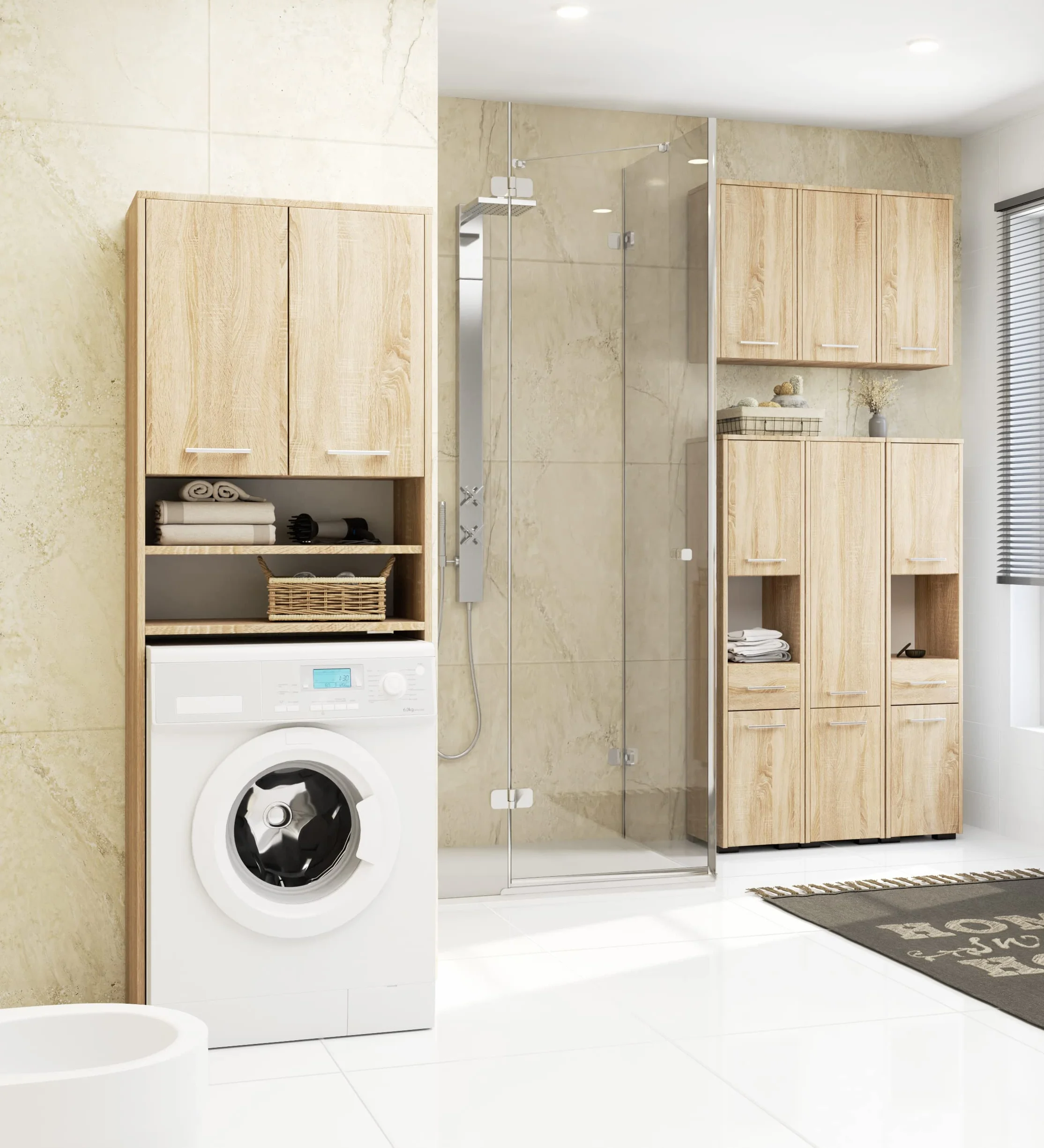 AKORD | Armario Alto de Baño | Cómoda de Baño | Fin 2P, 2 Puertas (Superior e Inferior) | A30 x H140 x F30 cm | 25 kg | Armario Colgante o para Montaje en Pared | Roble Sonoma