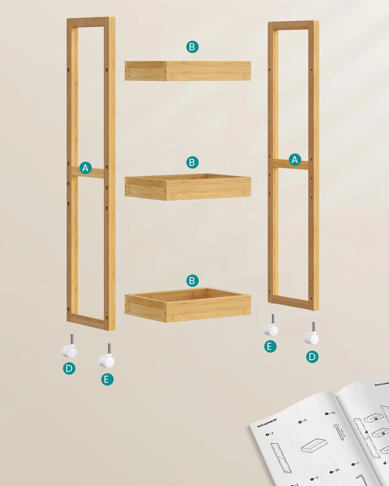 SONGMICS Carrito de Baño 3 Niveles Bambú Estrecho con Ruedas 20x30x80 cm Beige Natural