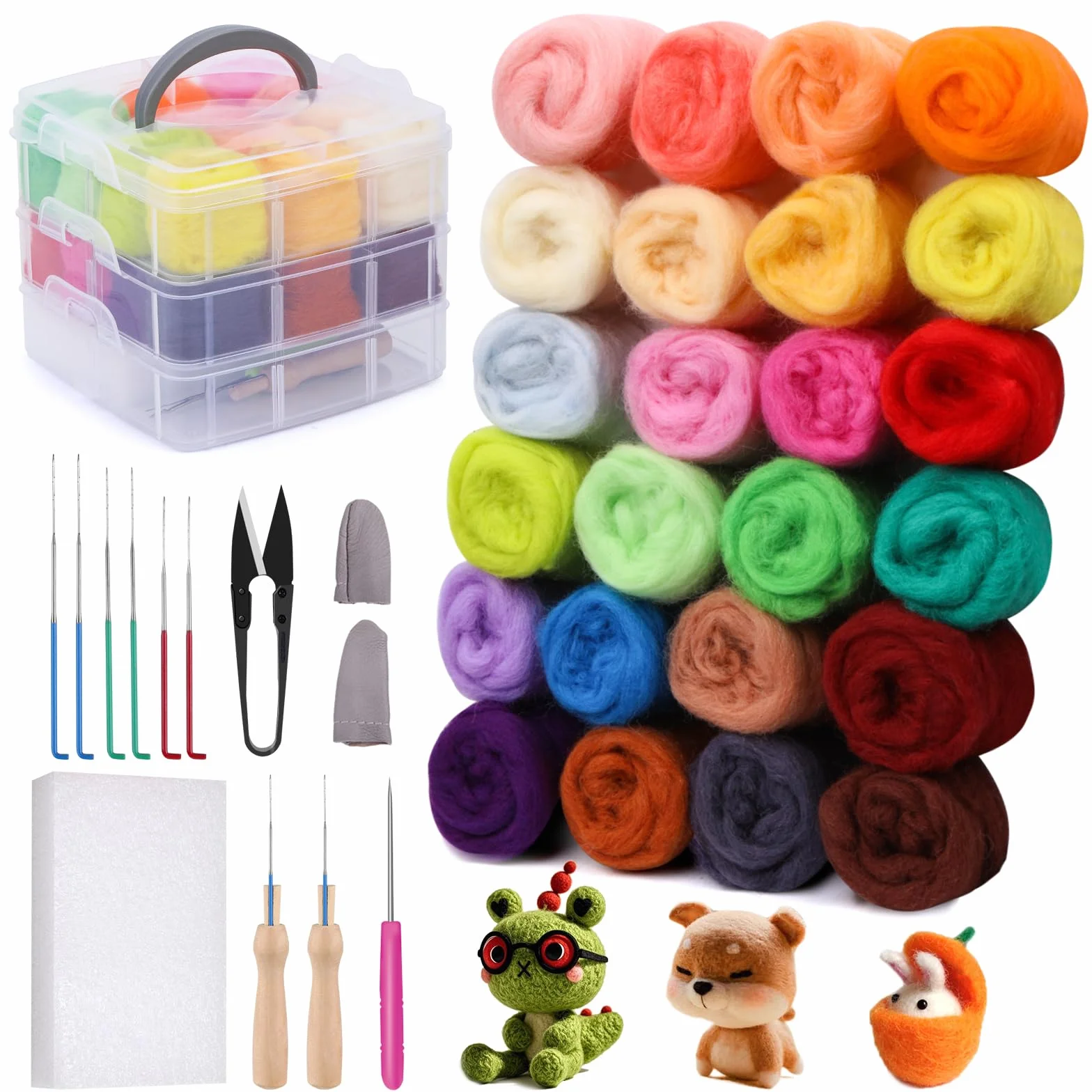 Jupean Kit de fieltro de aguja, lana (5 g/color), kit completo de inicio de fieltro de aguja con herramientas básicas de fieltro y suministros de fibra de lana, material de fieltro húmedo para