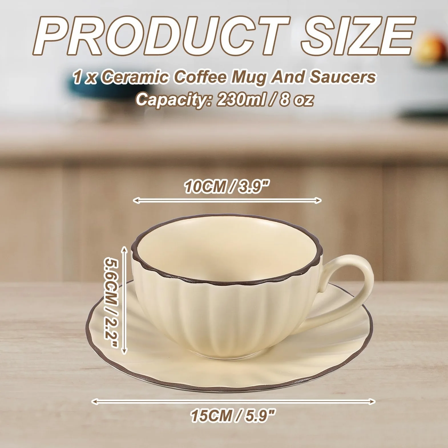 QUARKZMAN Tazas De Espresso Vintage Hechas A Mano Taza De Té Cerámica Beige | Tazas De Café Y Platillos De 8 Oz, Con Asa, Seguras Para Lavavajillas Y Microondas, Para Latte, Hogar, Regalos