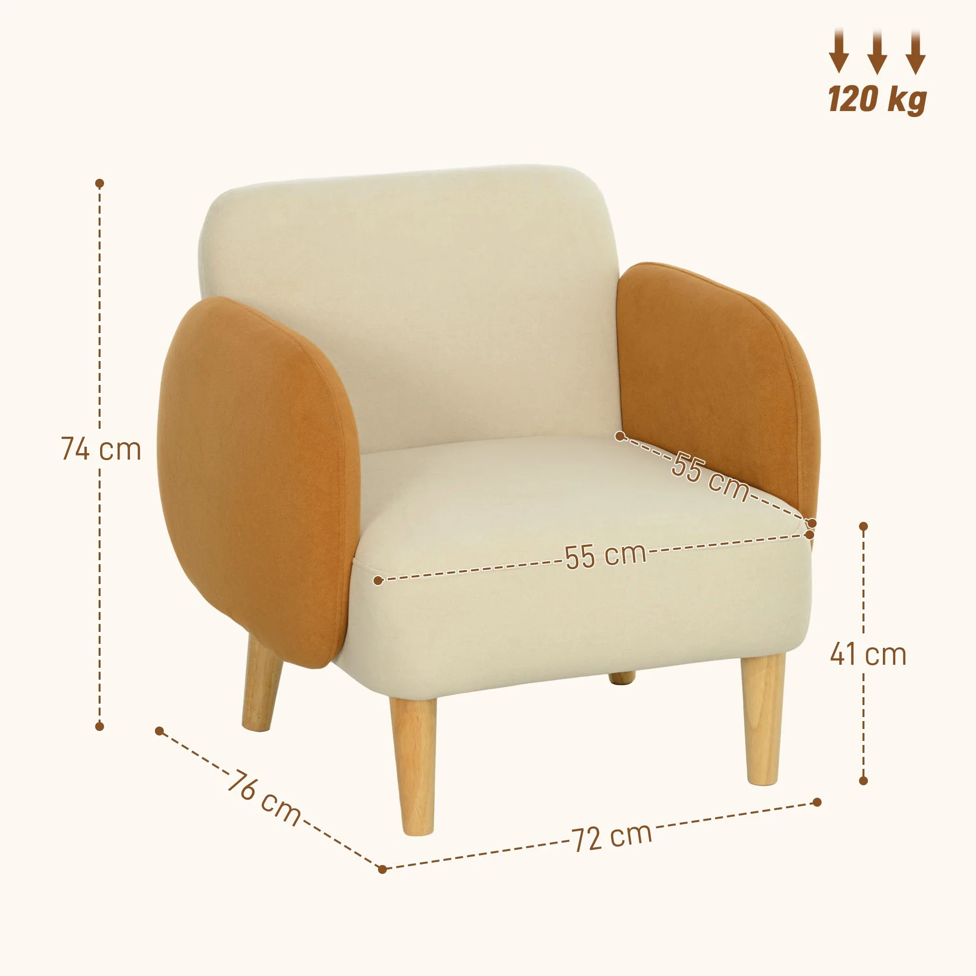 HOMCOM Sillón de Salón Nórdico Butaca para Dormitorio con Reposabrazos y Patas de Madera Sofá Individual Carga 120 kg para Oficina Sala de Estar Beige y Ocre