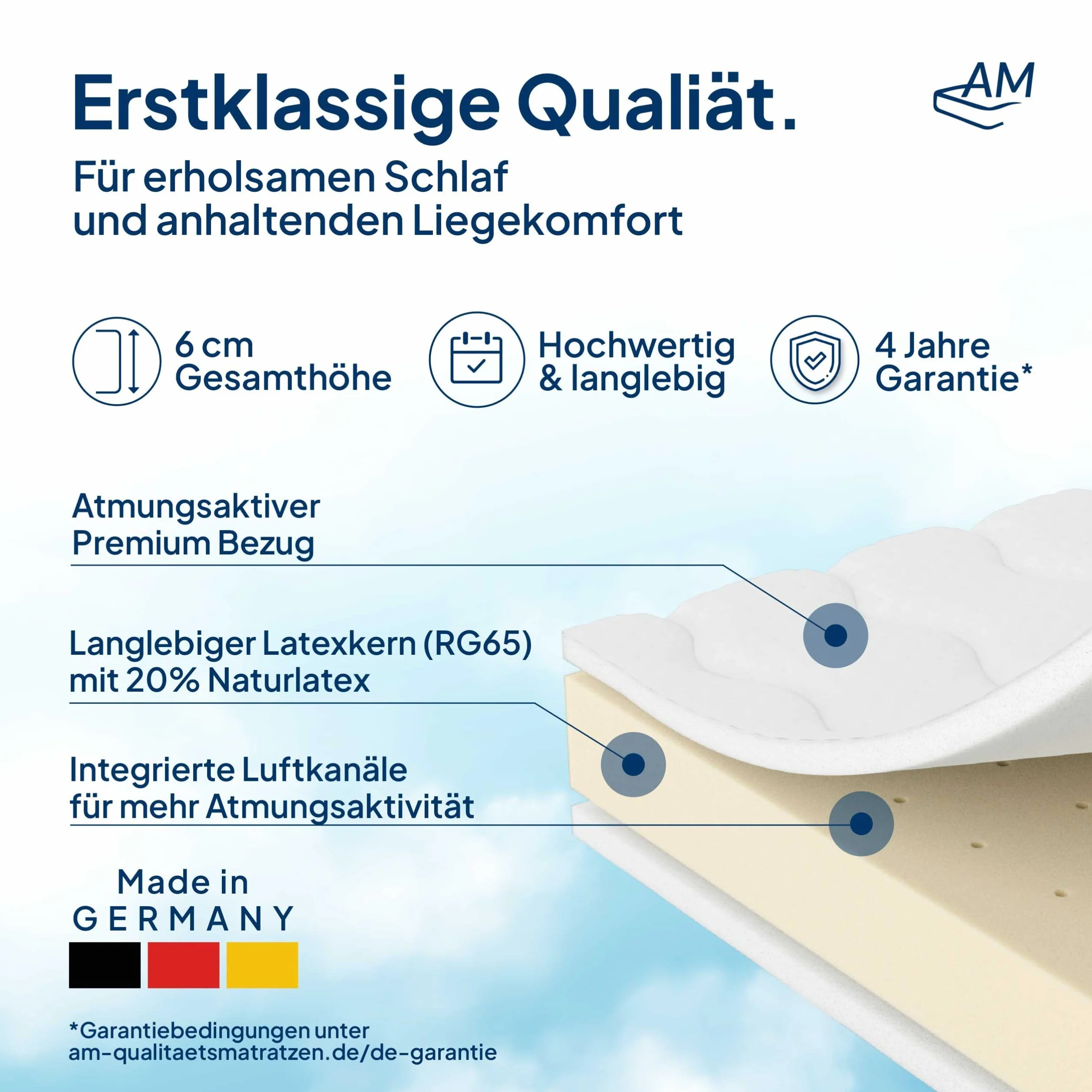AM Qualitätsmatratzen Topper Latex Premium - Topper 150x190 Made in Germany - Sobrecolchon de látex Natural y Transpirable - 6 cm - Cubre colchon con Funda de Lyocell y función Antideslizante