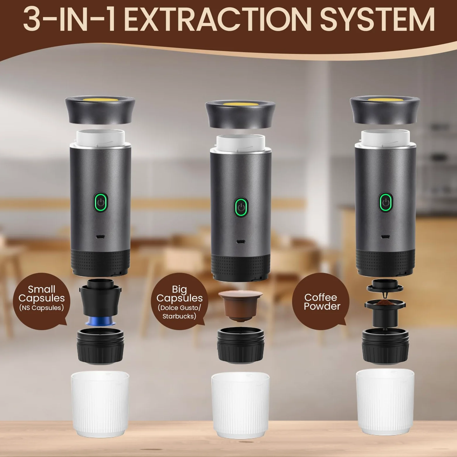 LAMA Cafetera Portátil Eléctrica de Cápsulas Compatible con Cápsulas de Café y Café en Polvo, Calentamiento Instantáneo, Mini Cafetera para Camping, Coche, Viaje, Gris
