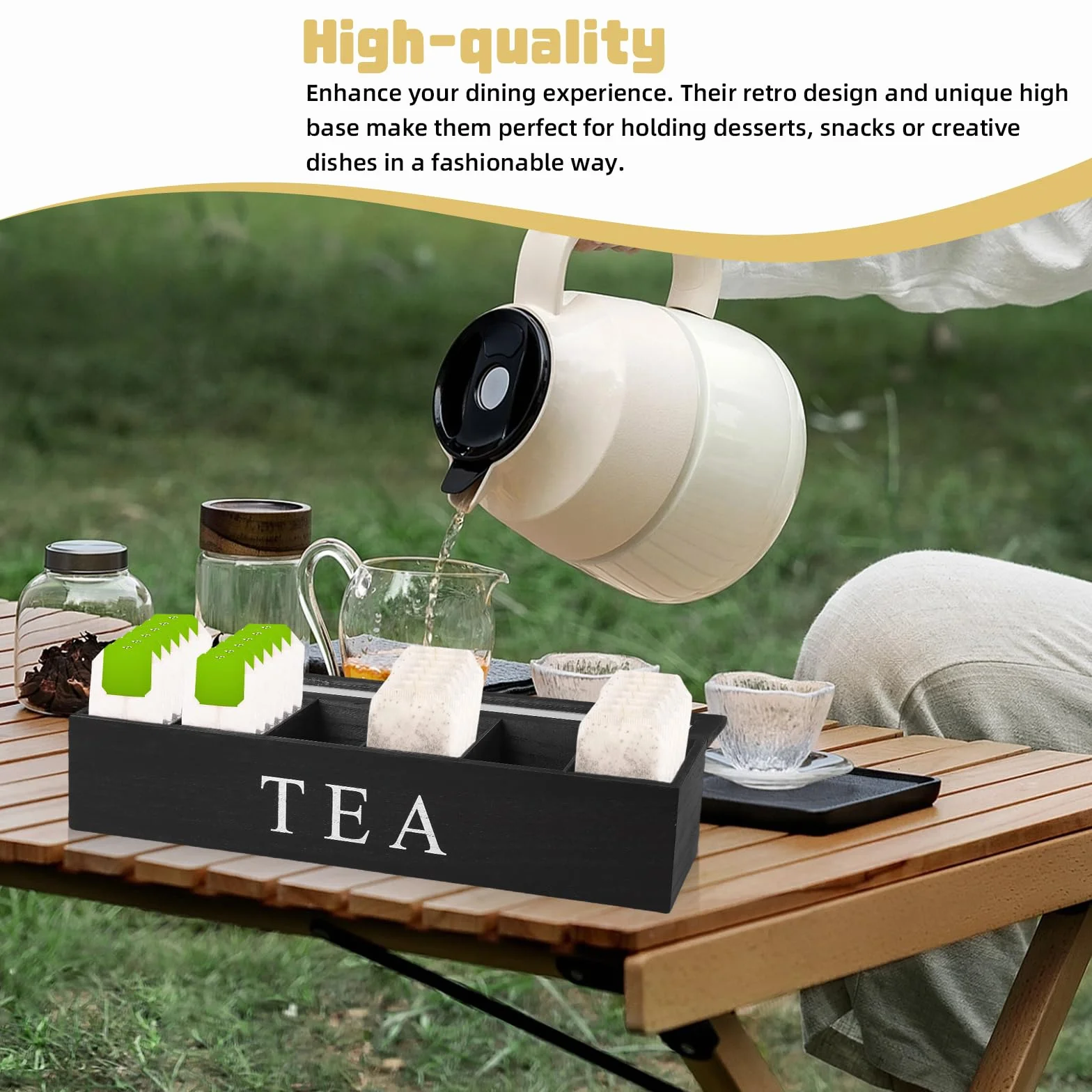 Organizador de bolsas de té con 6 compartimentos, 43 x 9 x 8,7 cm, cajas de té para bolsas de té, caja de almacenamiento de madera maciza negra, almacenamiento para bolsas de té, bolsas de especias
