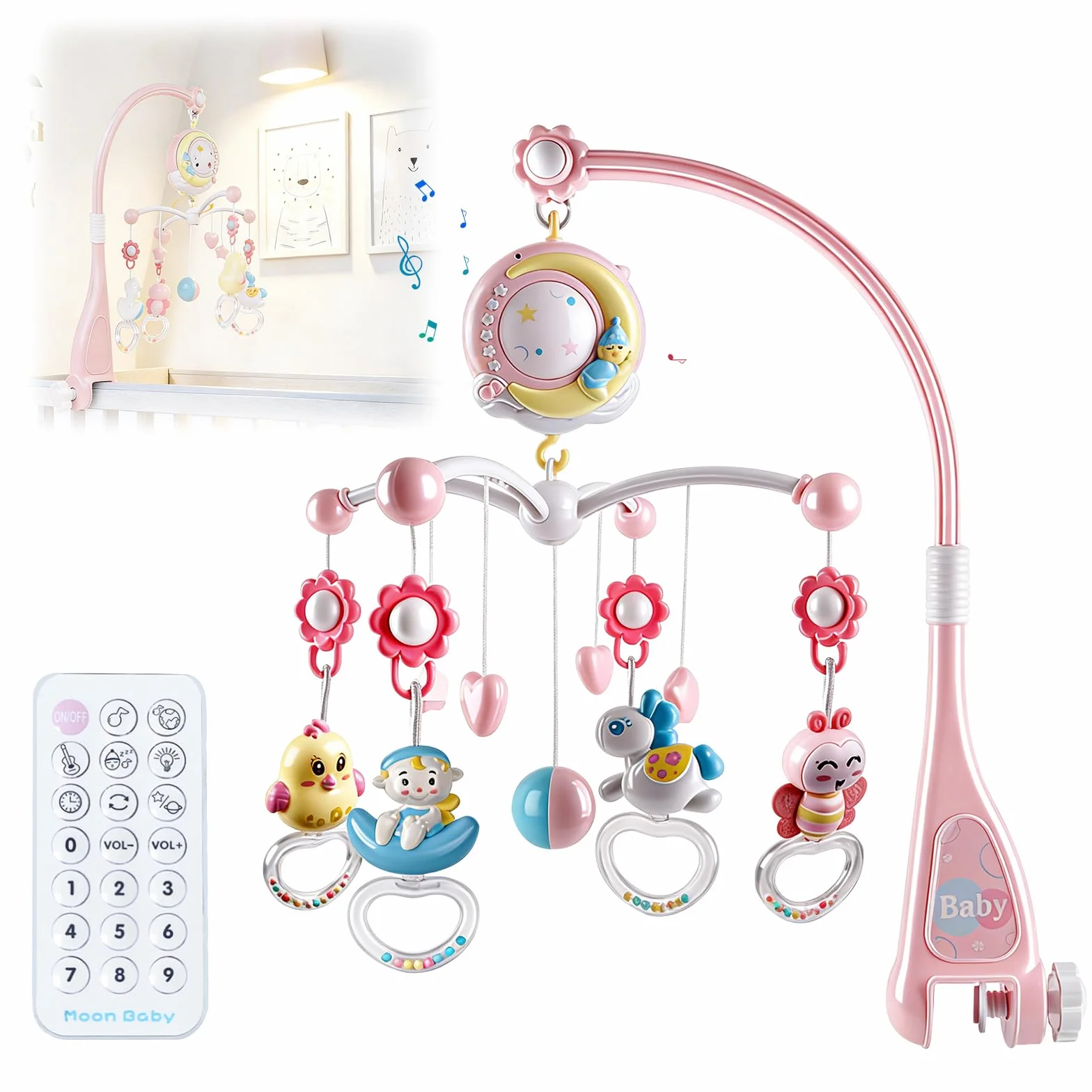 Movil Cuna Bebe, Móvil Musical para Cuna de Bebé con Proyector y Luz de Noche, Colgando Girando Sonajeros y 150 Melodias Mando a Distancia Caja de Musica, Movil Cuna Extraíble Juguete Cuna Bebé
