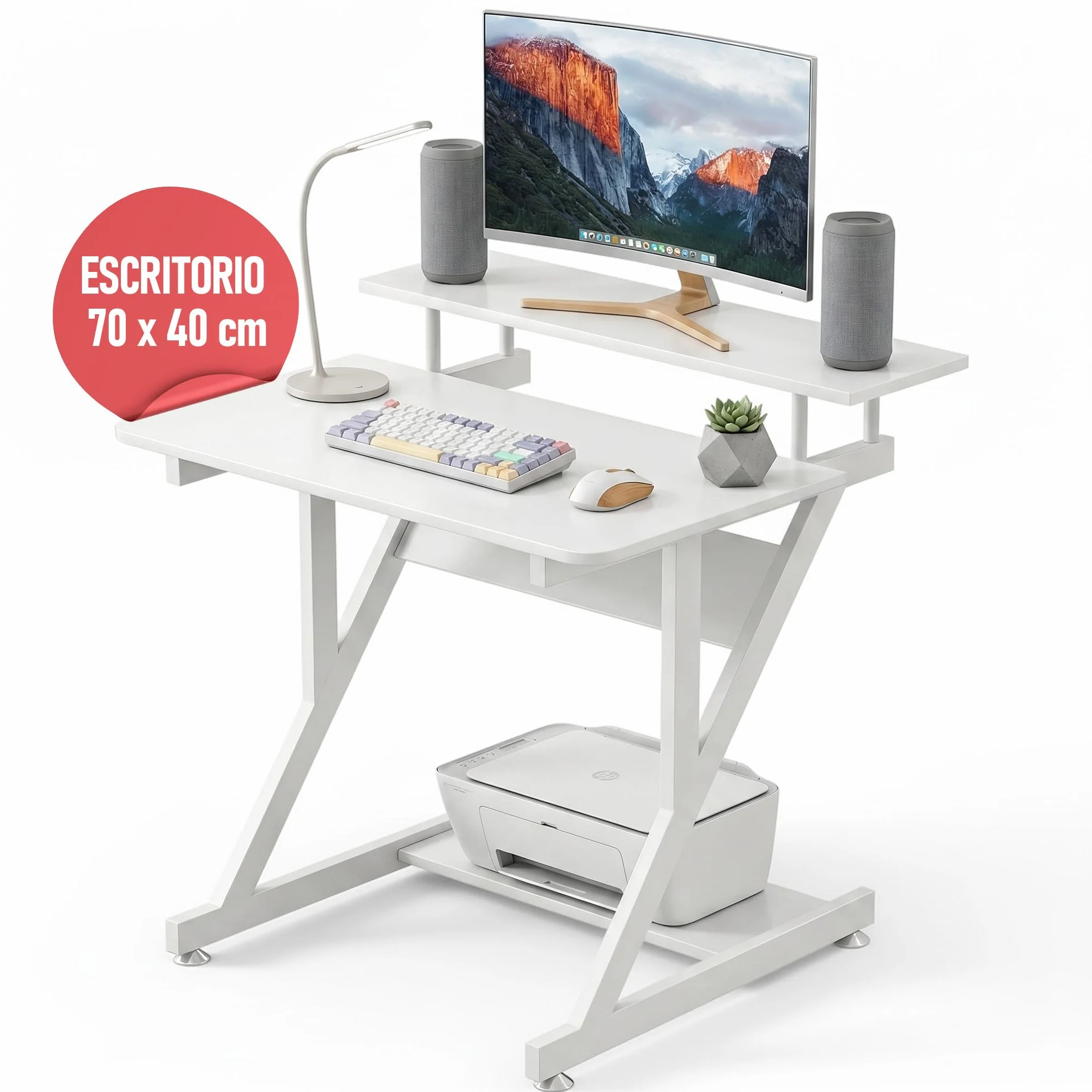 Escritorio Pequeño con Estante Superior 70 x 40 cm, Mesa Escritorio Blanca o Roble para Ordenador, Mesa de Trabajo Compacta para Estudio, Oficina y Habitación (Blanco)
