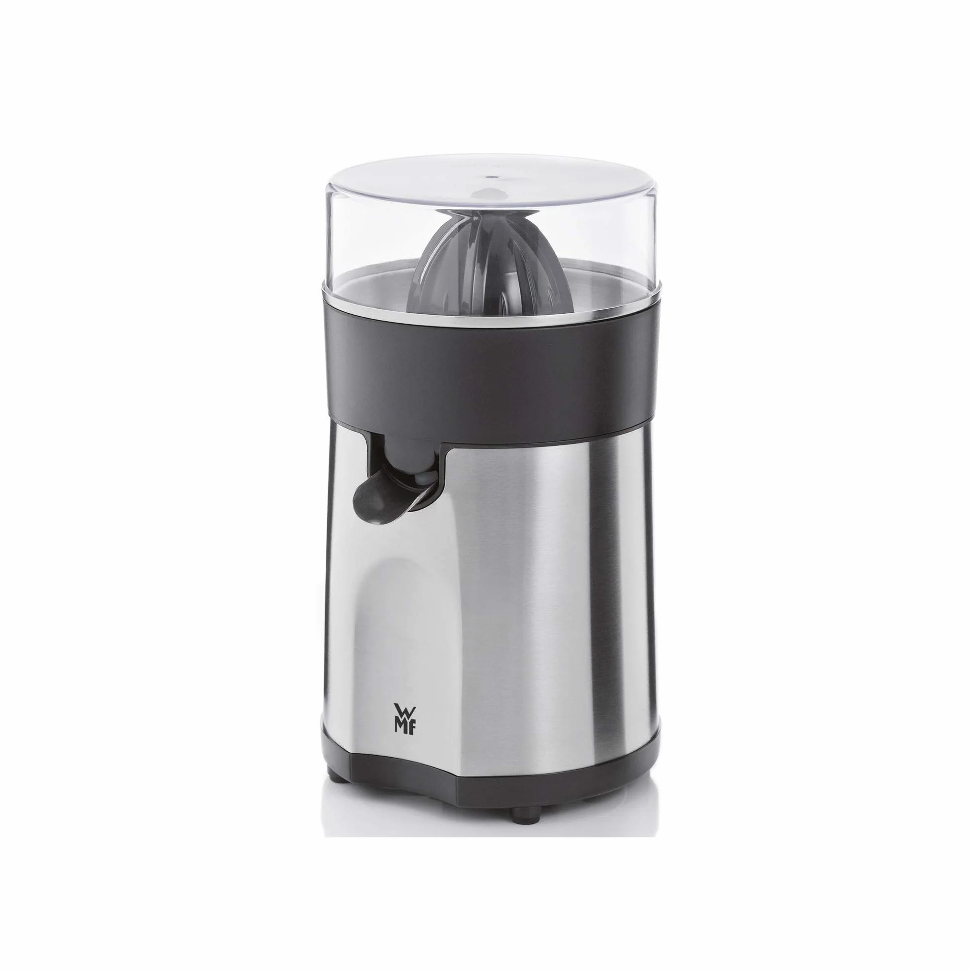 WMF Stelio - Exprimidor, 85 W, 2 conos intercambiables y colador extraíble de cromargan y cierre antigoteo, apto para limón, naranja y pomelo, acero inoxidable, cromargan