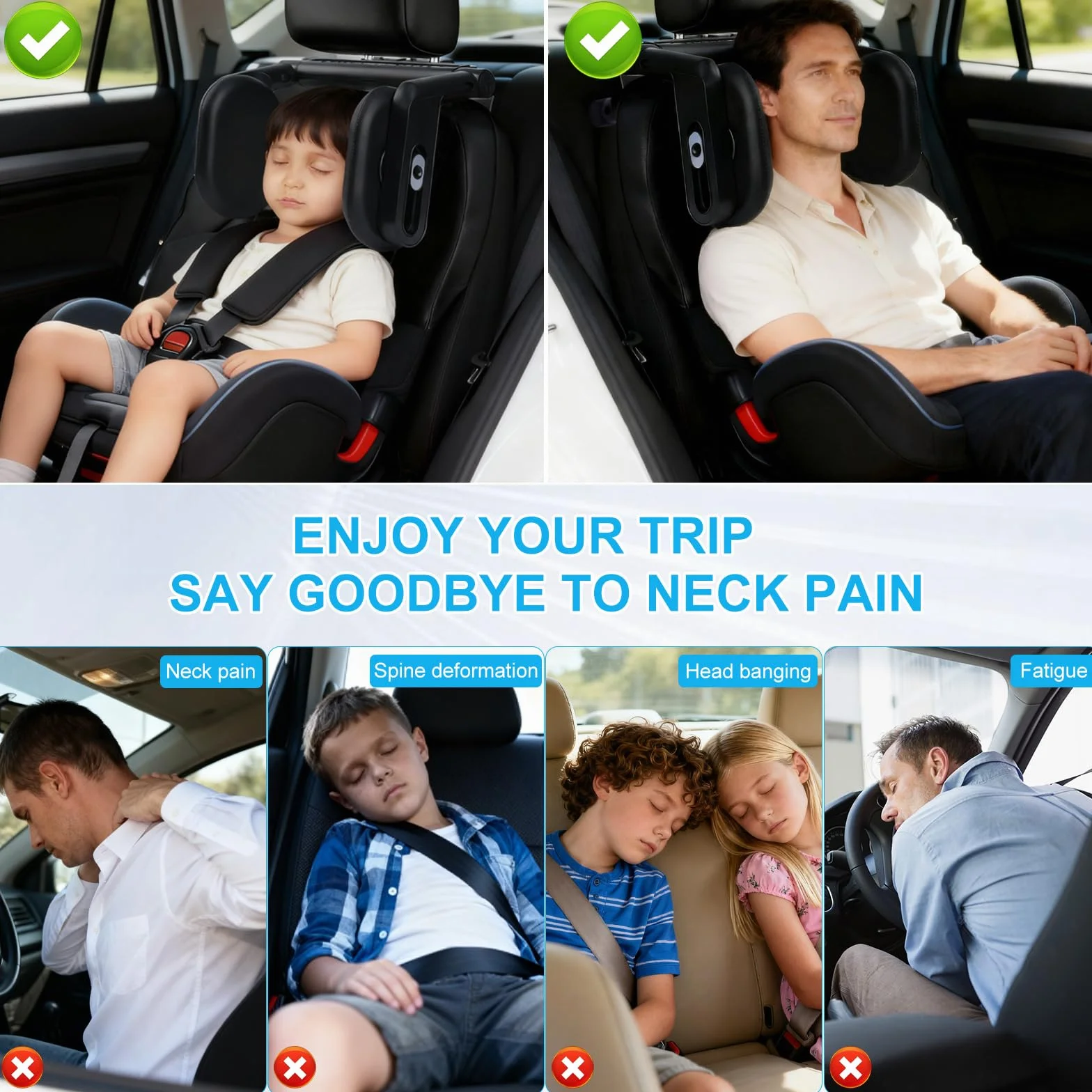 Reposacabezas Coche,Reposacabezas Lateral Del Coche, 360 Grados Ajustable Cuero Transpirable Apoya Cabeza Coche, para Reposacabezas Asiento Coche, Niños Adultos Soporte para La Cabeza,Mejora