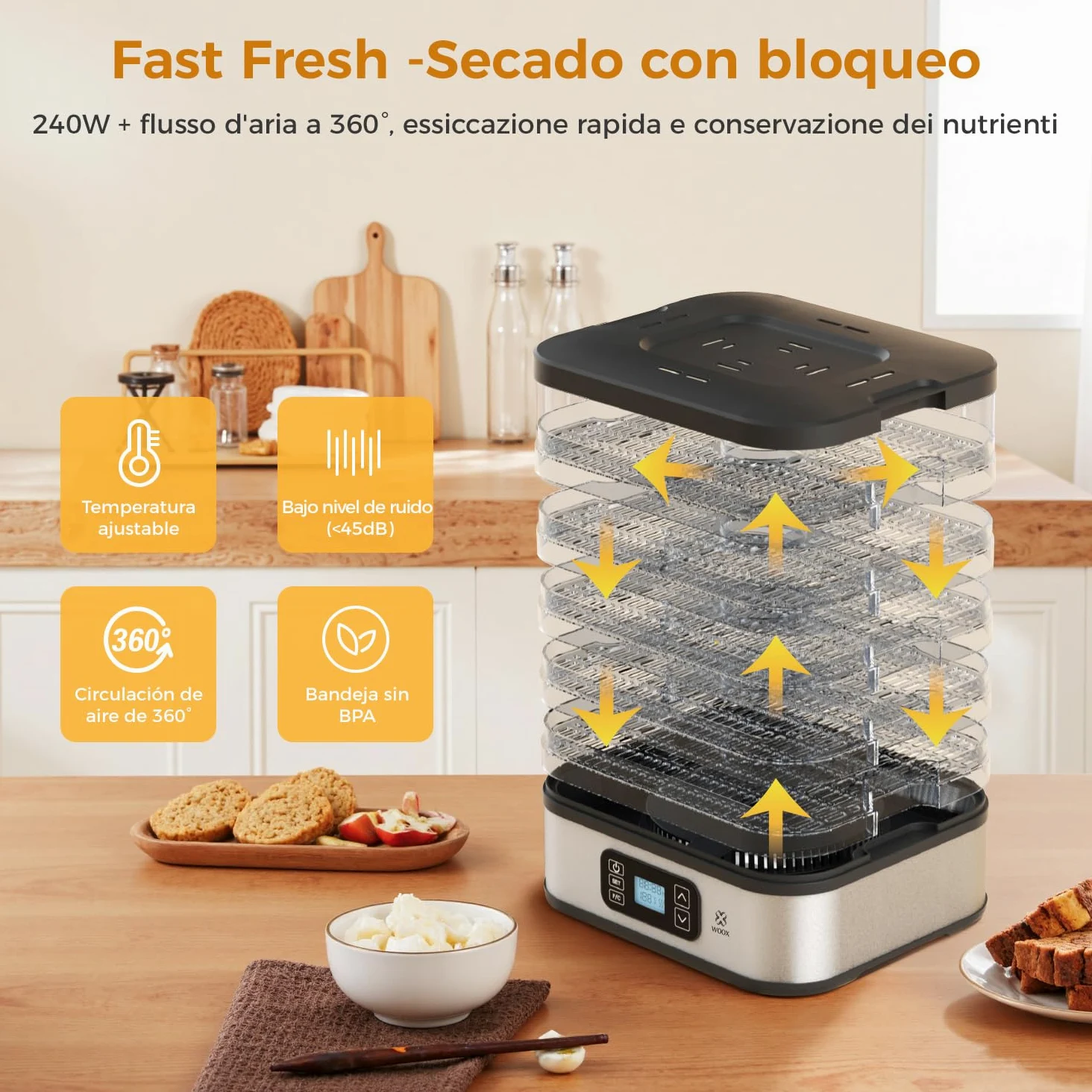 WOOX Deshidratador de Alimentos 240W, Deshidratador con 5 Bandejas Altura Regulable, Pantalla LED, Temporizador 99H y Temperatura Ajustable, Deshidratadora de Frutas y Verduras, Sin BPA