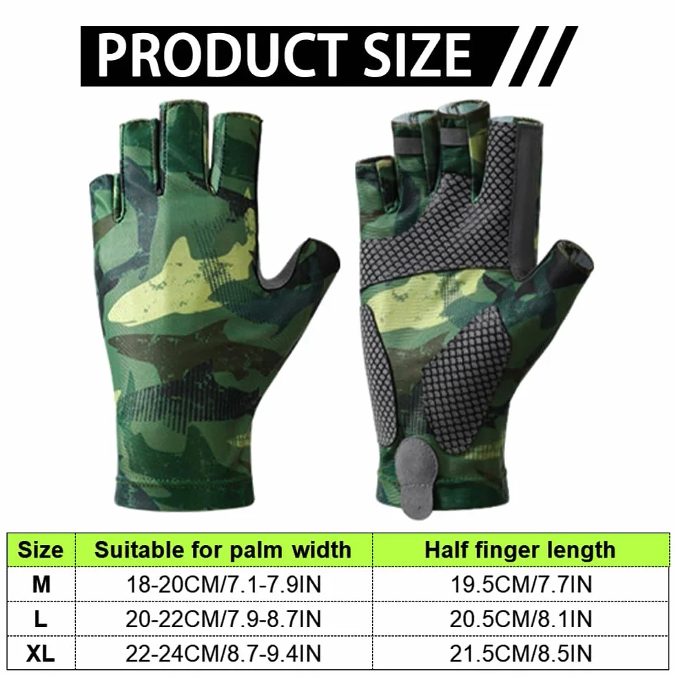 Guantes de Pesca sin Dedos, Guantes de Kayak con Protección Solar, Camuflaje, Antideslizantes para Senderismo y Ciclismo (Verde, XL)