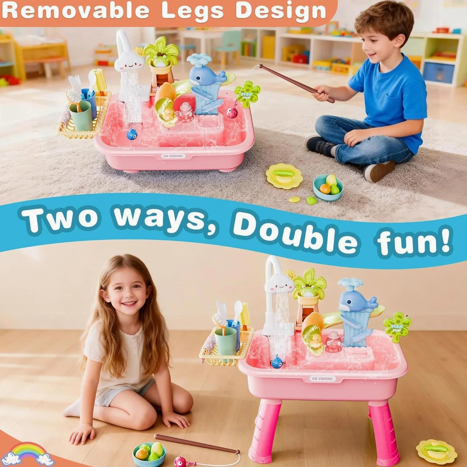 Fregadero de juegos para niños – Fregadero de cocina 4 en 1 para niños pequeños | Mesa de agua para niños, mesa de juego de agua para niños pequeños, fregadero con agua corriente y bomba, tanque de