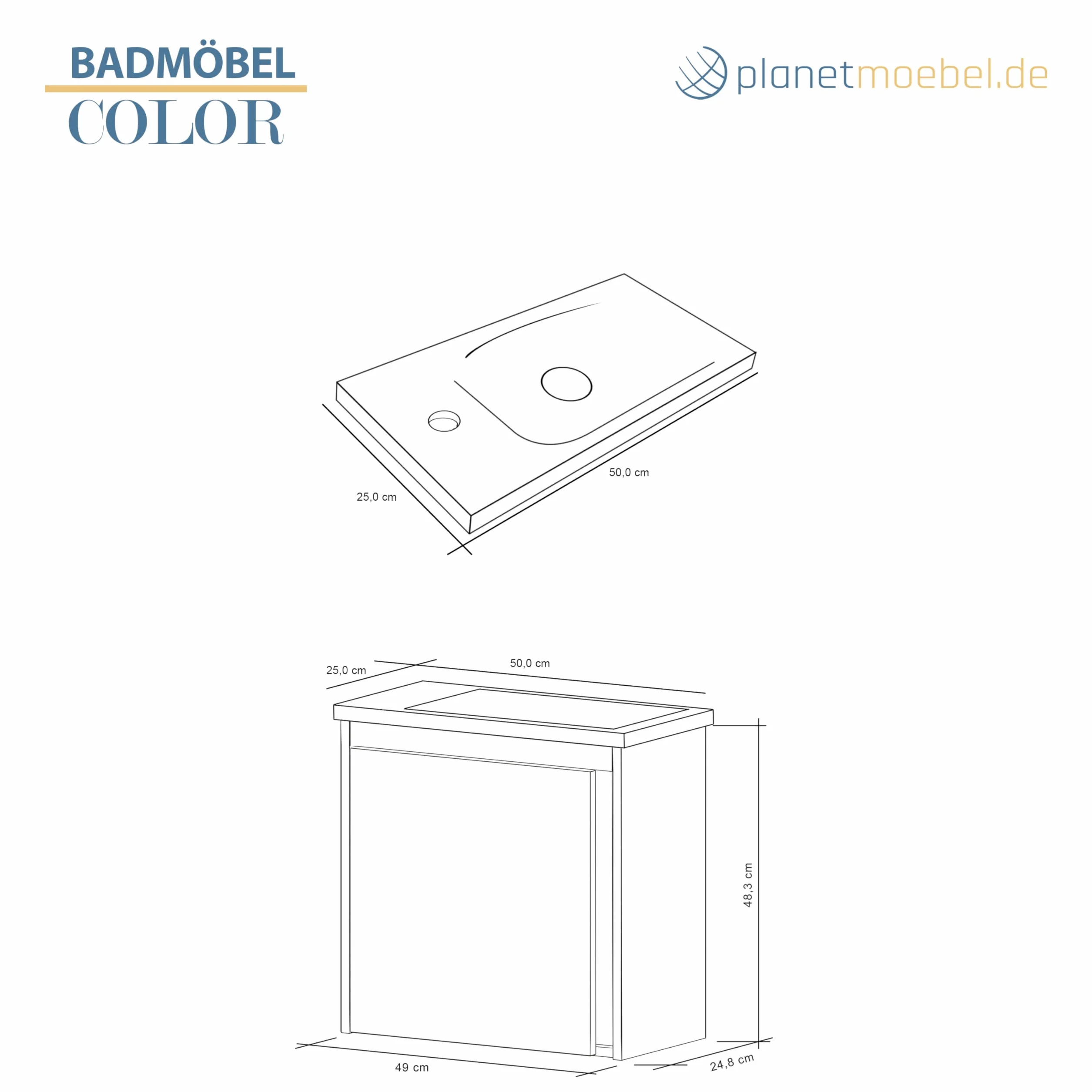 Planetmöbel Juego de muebles de baño de 2 piezas, Lavabo con armario inferior, 50 x 48,3 x 24,8 cm, Negro Mate/roble Wotan, Armario bajo lavabo con lavabo blanco