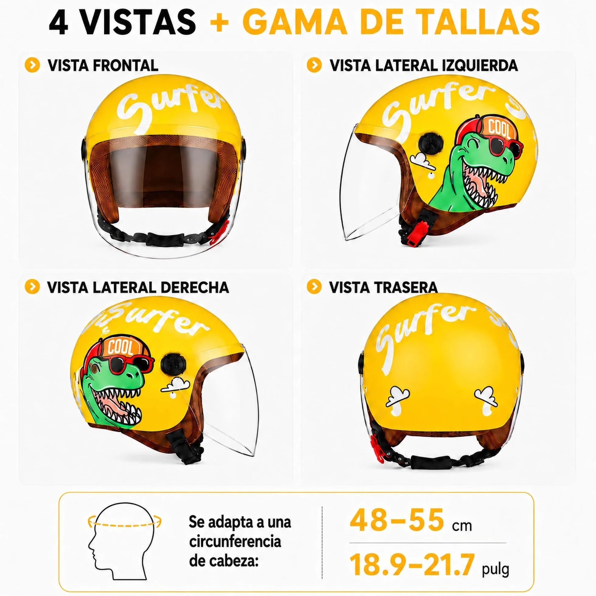 Casco Moto Niño Jet con Visera Cierre Rápido Desmontable Lavable 48-55cm Amarillo