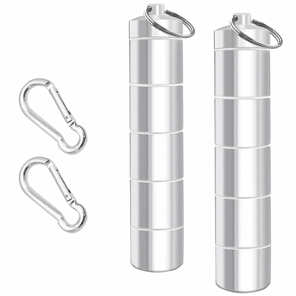 Juego de 2 saleros 5 en 1 para camping, mini salero para viajes, de aluminio, rellenable, 135 x 25 mm, con 2 ganchos, ideal para exteriores, picnic, barbacoa, cocina y viajes