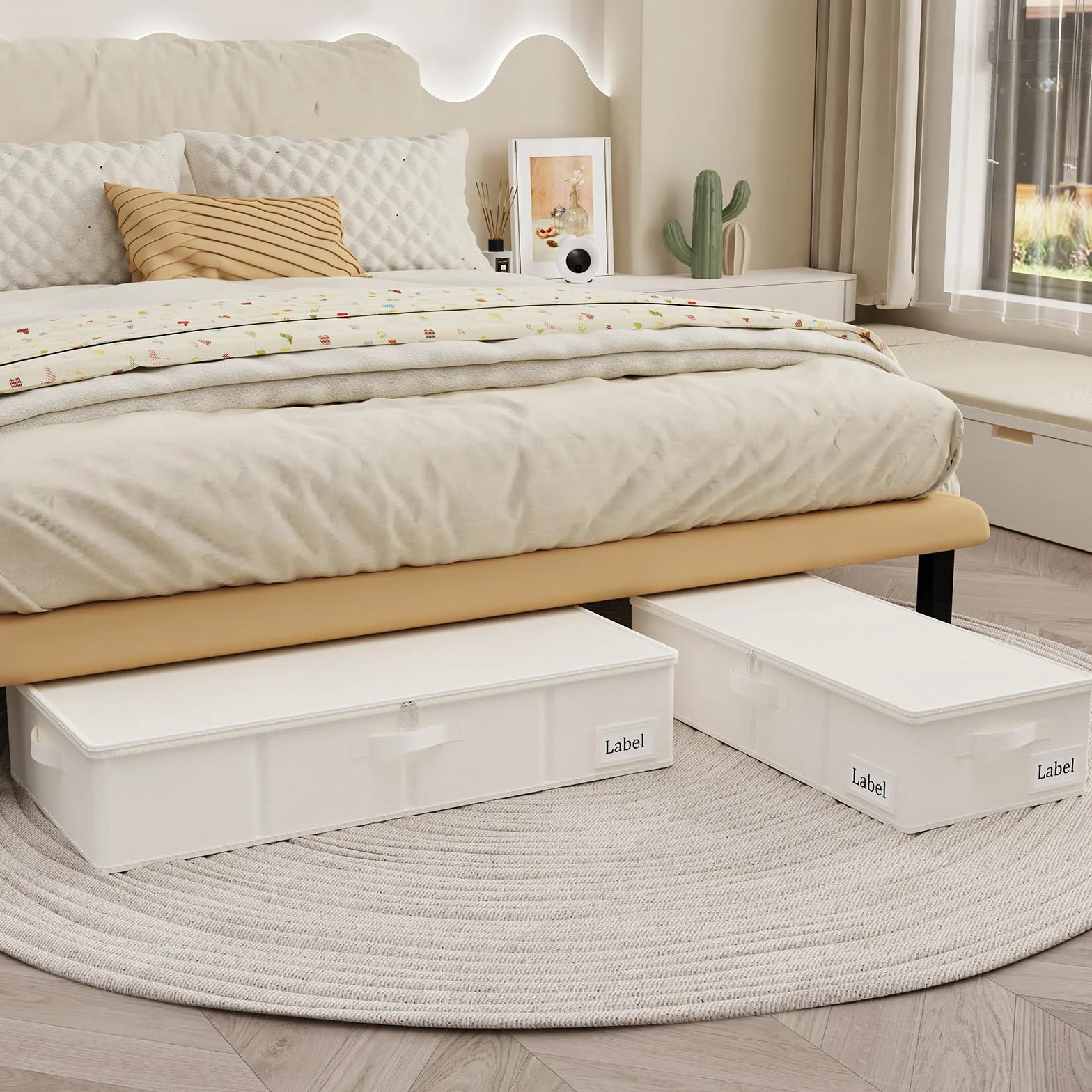 Yawinhe 2 piezas Bolsa de Almacenamiento Debajo de la Cama, Caja de Almacenaje Plegable Con Tapa con Cremallera y Manija, para Almacenar Ropa, Mantas, Almohadas, 60x30x15cm, Beige