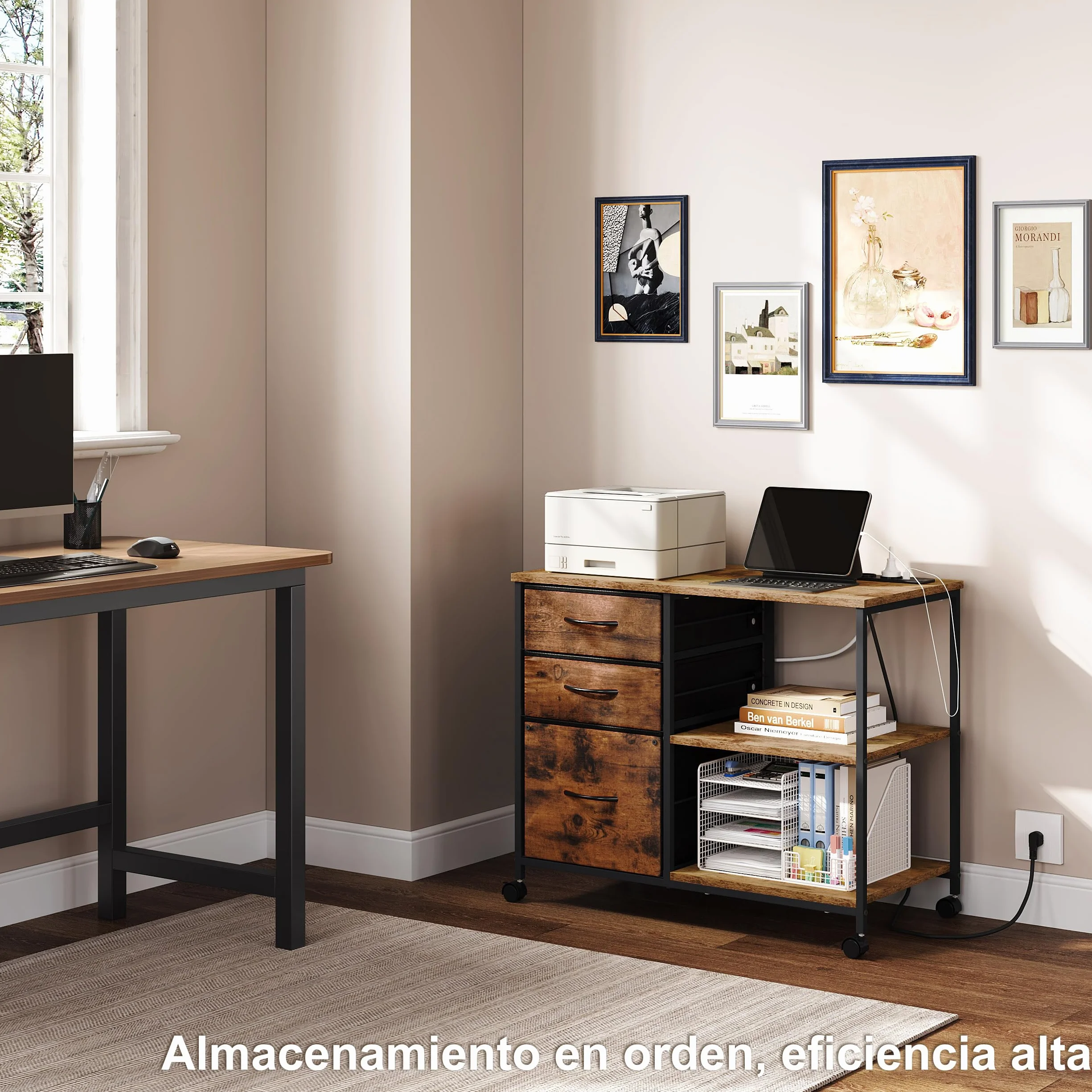 WOLTU Cajonera Móvil con Ruedas, Armario Archivador Movil de 3 Cajones, Gabinete de Metal con Enchufes y Puerto USB, para Oficina y Estudio, 80x40x66 cm, ASK07shm