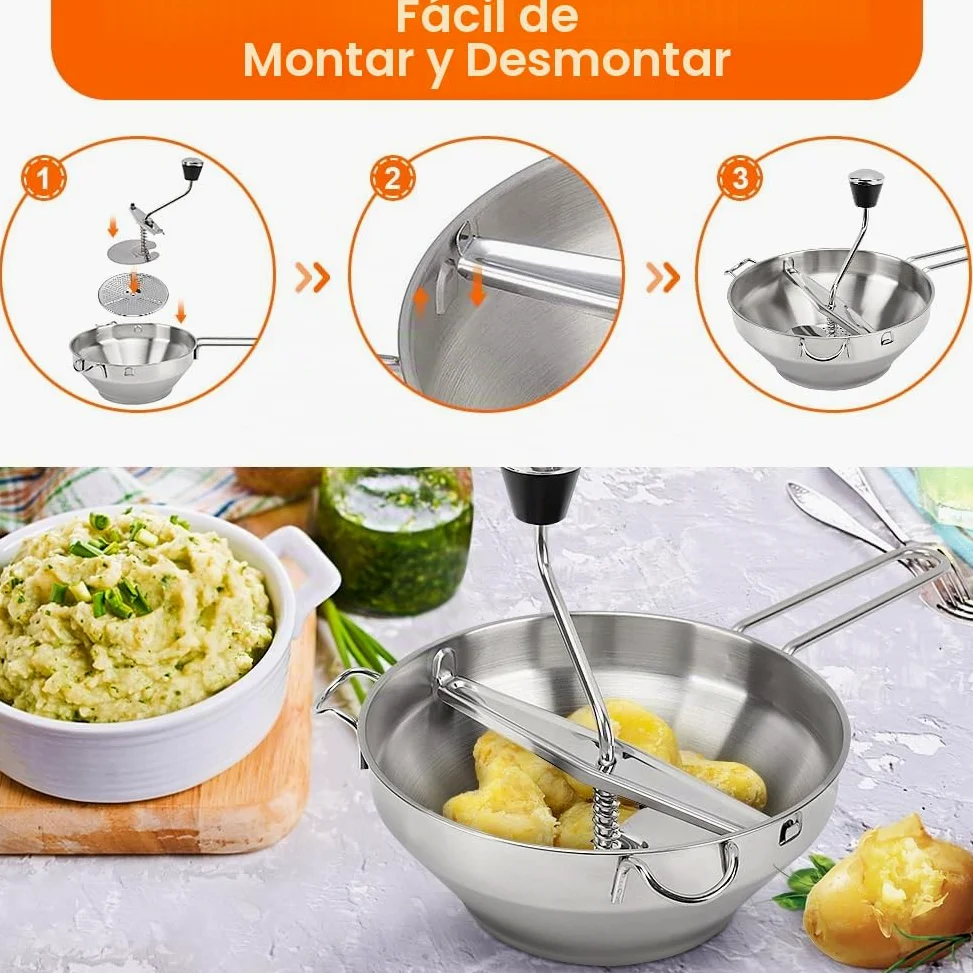 Molinillo de alimentos de acero inoxidable, prensa de patatas con 3 placas de trituración intercambiables, trituradora manual de alimentos, molinillo de cocina para macerar, tamizar frutas