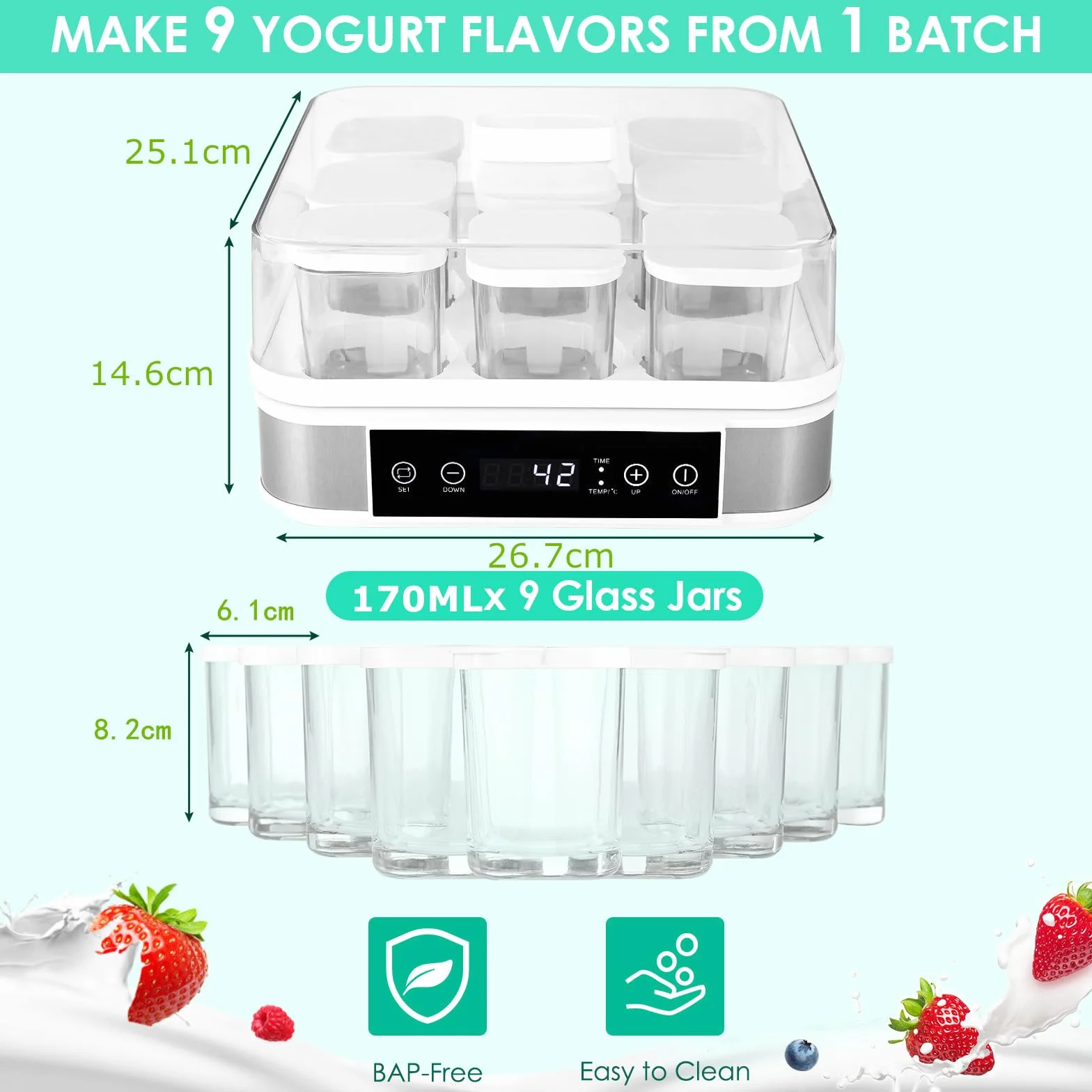Yogurtera, Yogurtera Eléctrica, Maquina Para Hacer Yogur Casero, Yogurtera para Yogur, Queso Fresco y Queso Crema, con 9 Tarros de 170 ml con Tapa, con Temporizador, Termostato Ajustable, 40 W