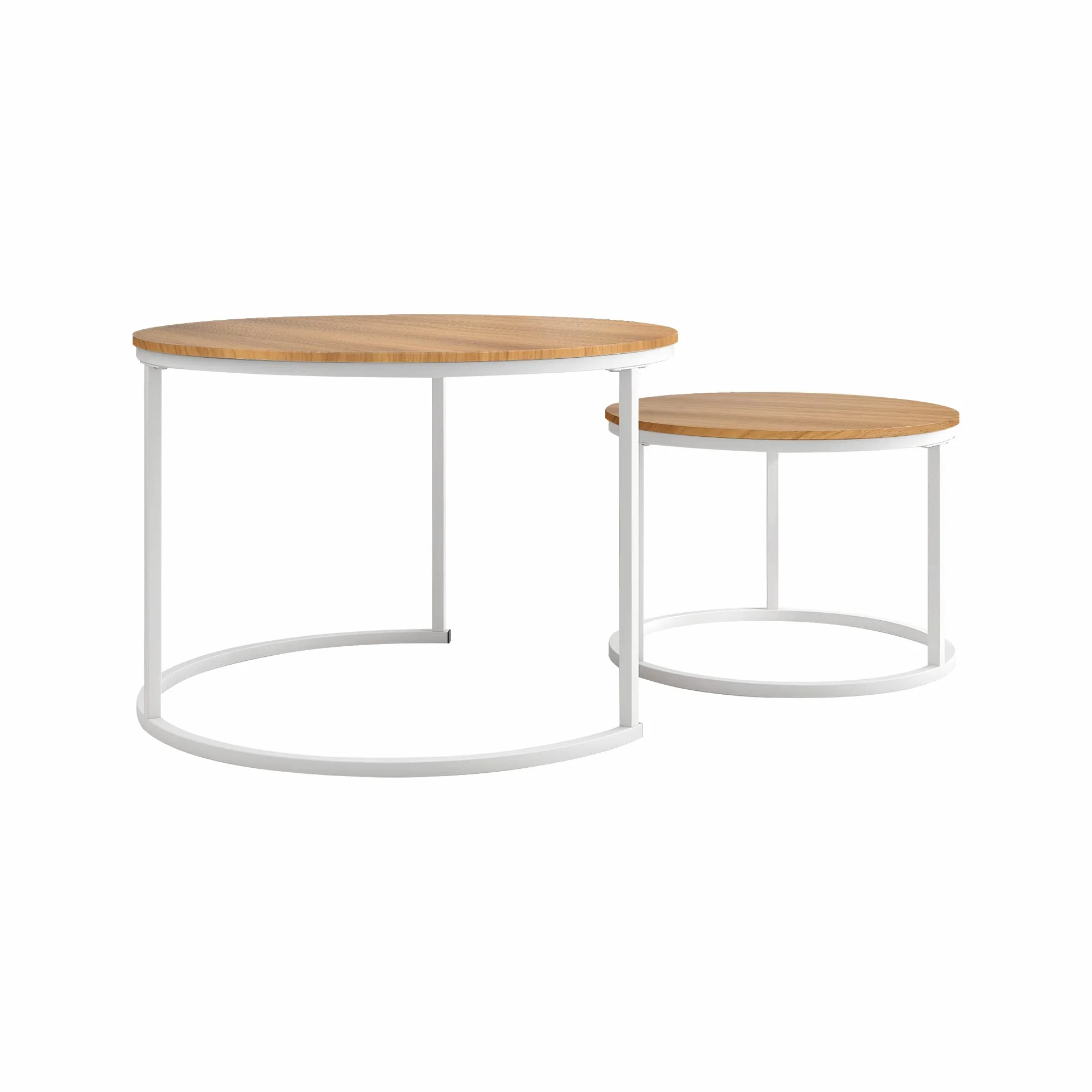 BOFENG Mesa de Centro Redonda Anidable, Juego de 2 Mesas Auxiliares para Sala de Estar/Dormitorio/Espacio Pequeño, Fácil Montaje (Blanco+Roble Oscuro, Juego de 2)