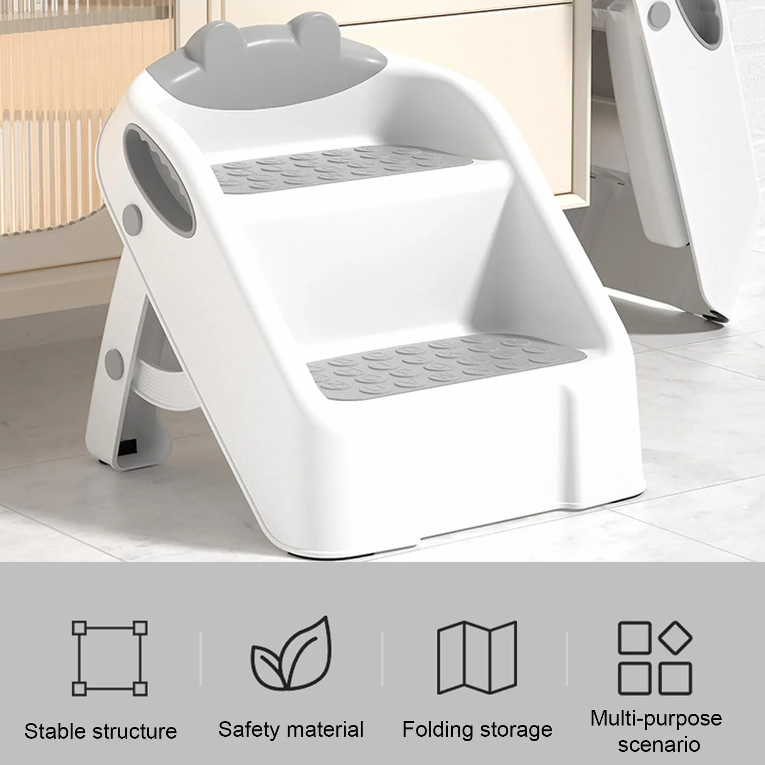 Taburete Infantil, Taburete con Escalón para Niños para Baño, Antideslizante Escalera 2 Peldaños Infantil, Taburetes Plegable De 2 Escalones para Niños, Taburetses Gris