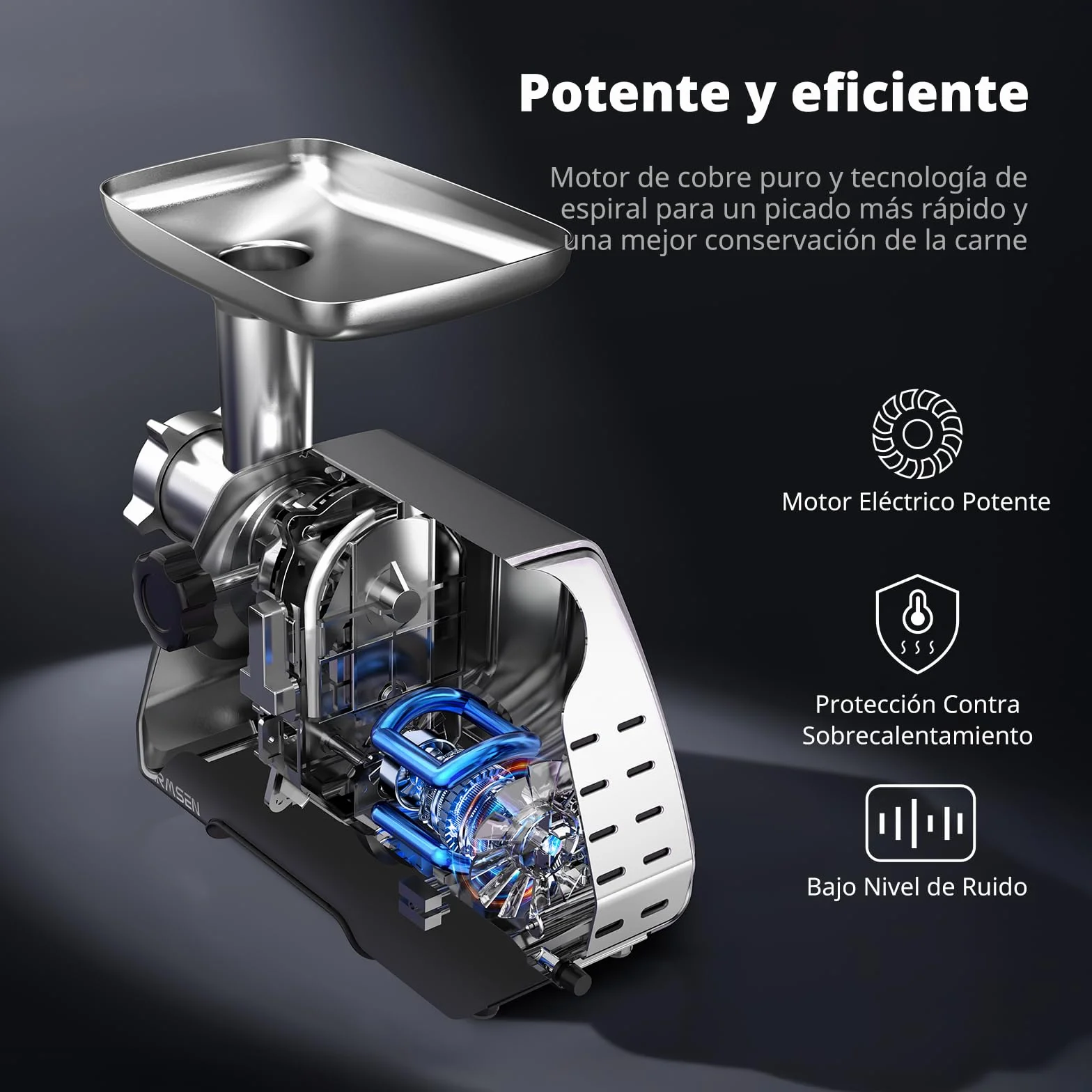 AIRMSEN Picadora de Carne Eléctrica, 2 Cuchillas de Acero Inoxidable, 3 Placas de Molienda y Accesorio para Embutir Salchichas Kubbe, Motor Silencioso, Fácil Limpieza, Ideal para Uso Doméstico (M)