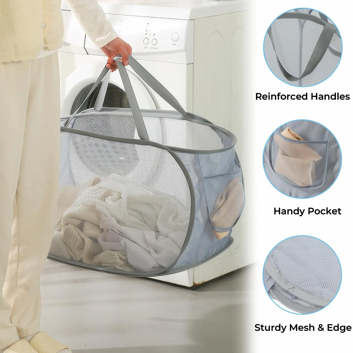 Cesto Plegable de Malla Plegable Pop-Up, 36 X 36 X 58 cm Cesta de Almacenamiento Grande con Bolsillo Lateral, Pop-Up Malla Laundry Basket con Asas, para Baño, Camping, Dormitorio Universitario