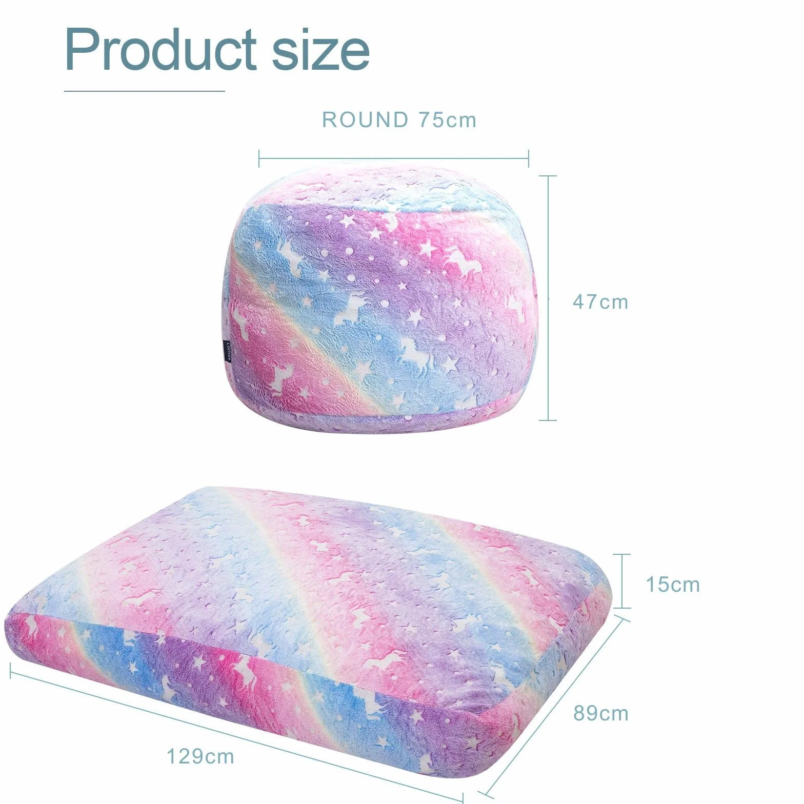 MeMoreCool Puf para niños que se convierte en cama puf, silla para niños pequeños para leer, sofá para niños perezosos con relleno, colchón convertible para suelo, 75 x 75 x 47 cm, arcoíris