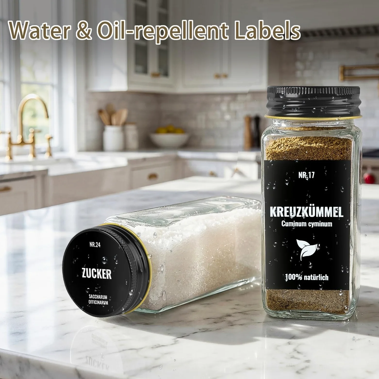 36 Piezas Botes Especias Cristal con Tapa de Aluminio, 120ml Frascos Especiarias Vidrio, Aptos para Cajones y Armarios de Cocina (Negro)