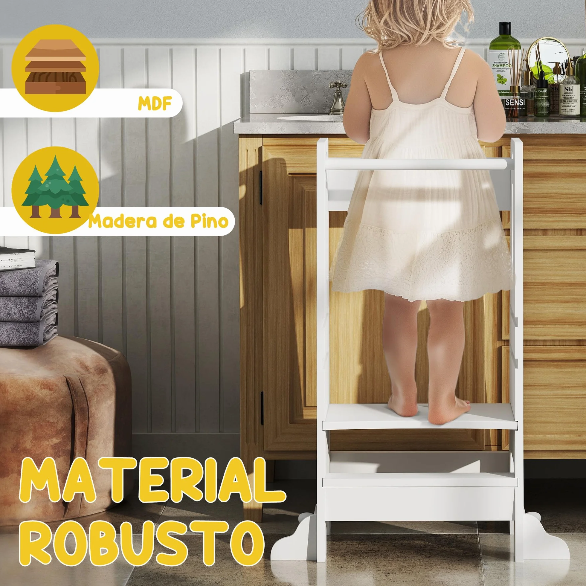 AIYAPLAY Torre de Aprendizaje de Madera para Niños +3 Años Altura Ajustable 3 Niveles Barrera de Seguridad 45x47,5x91 cm Blanco