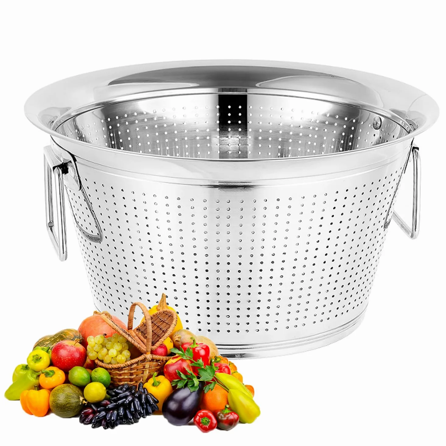 Cesta coladora de verduras, cesta de drenaje de acero inoxidable con asas dobles para escurrir pasta, fideos y lavar verduras, frutas, arroz