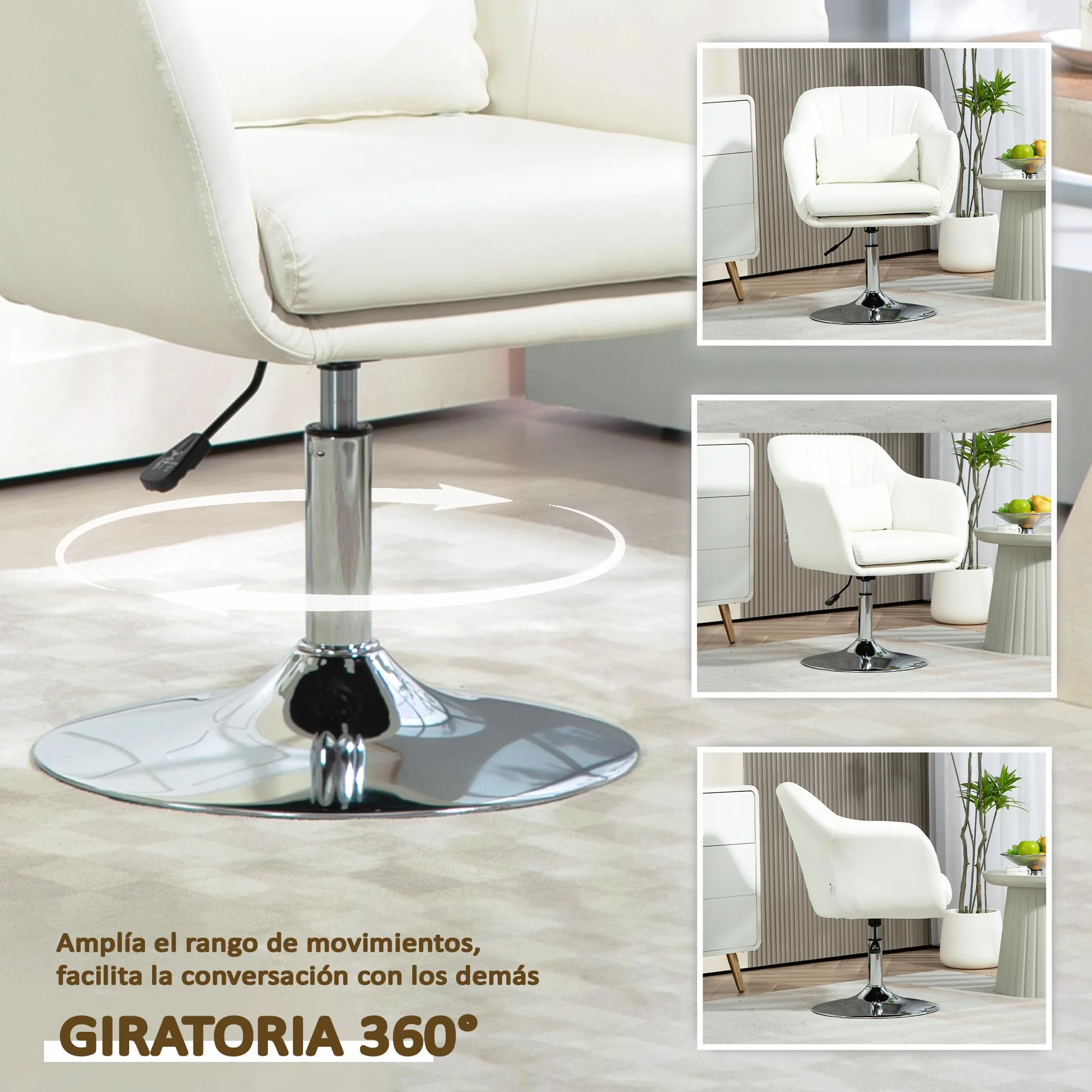 HOMCOM Butaca de Dormitorio Moderna Giratoria Tapizada en PU Con Altura Ajustable, Reposabrazos y Cojín Para Salón y Sala de Estar - Blanco