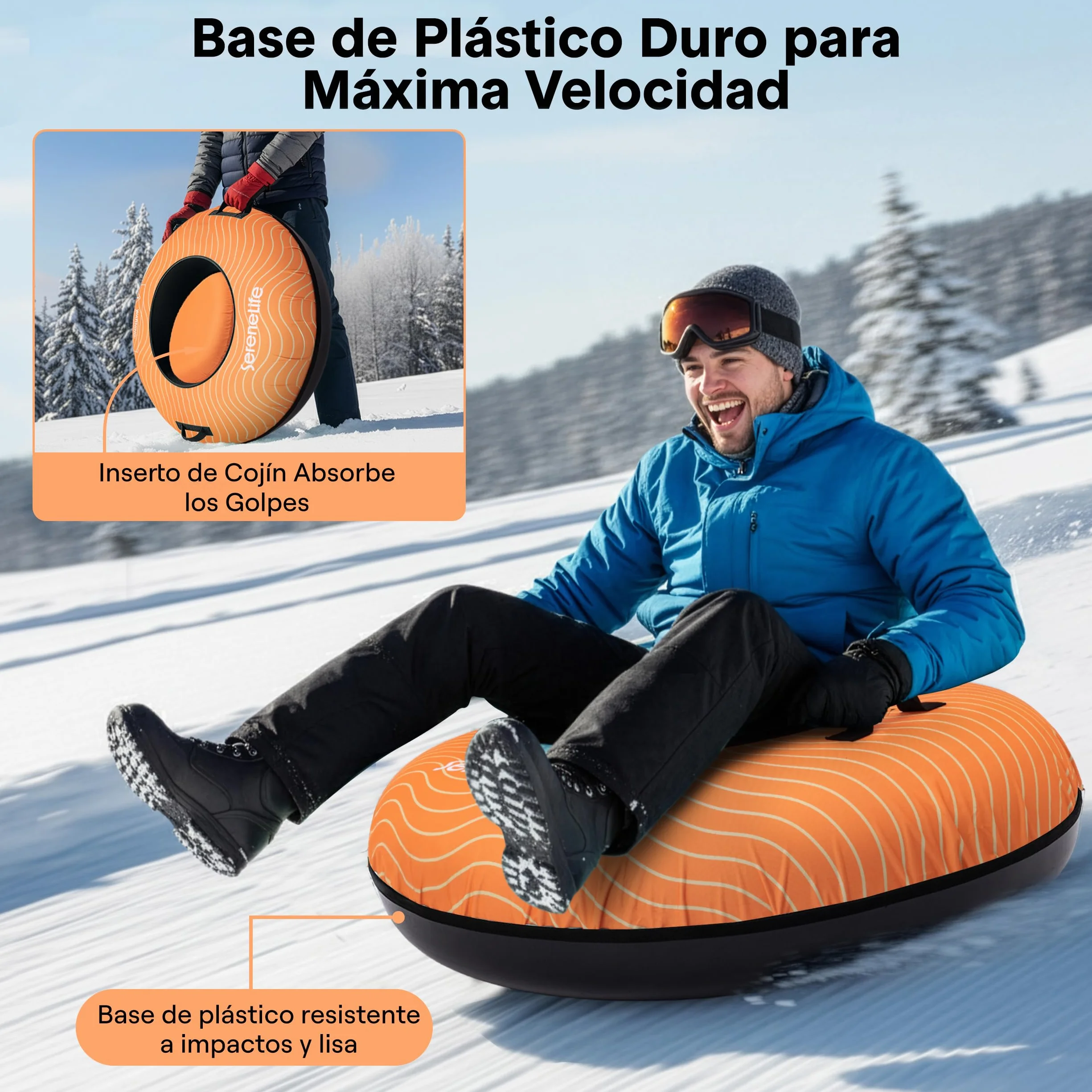 SereneLife Snowtube 101/112/122 cm – Trineo Inflable para Niños y Adultos con Base de Plástico Resistente, Cuerda de Arrastre y Diseño Deslizante para Nieve