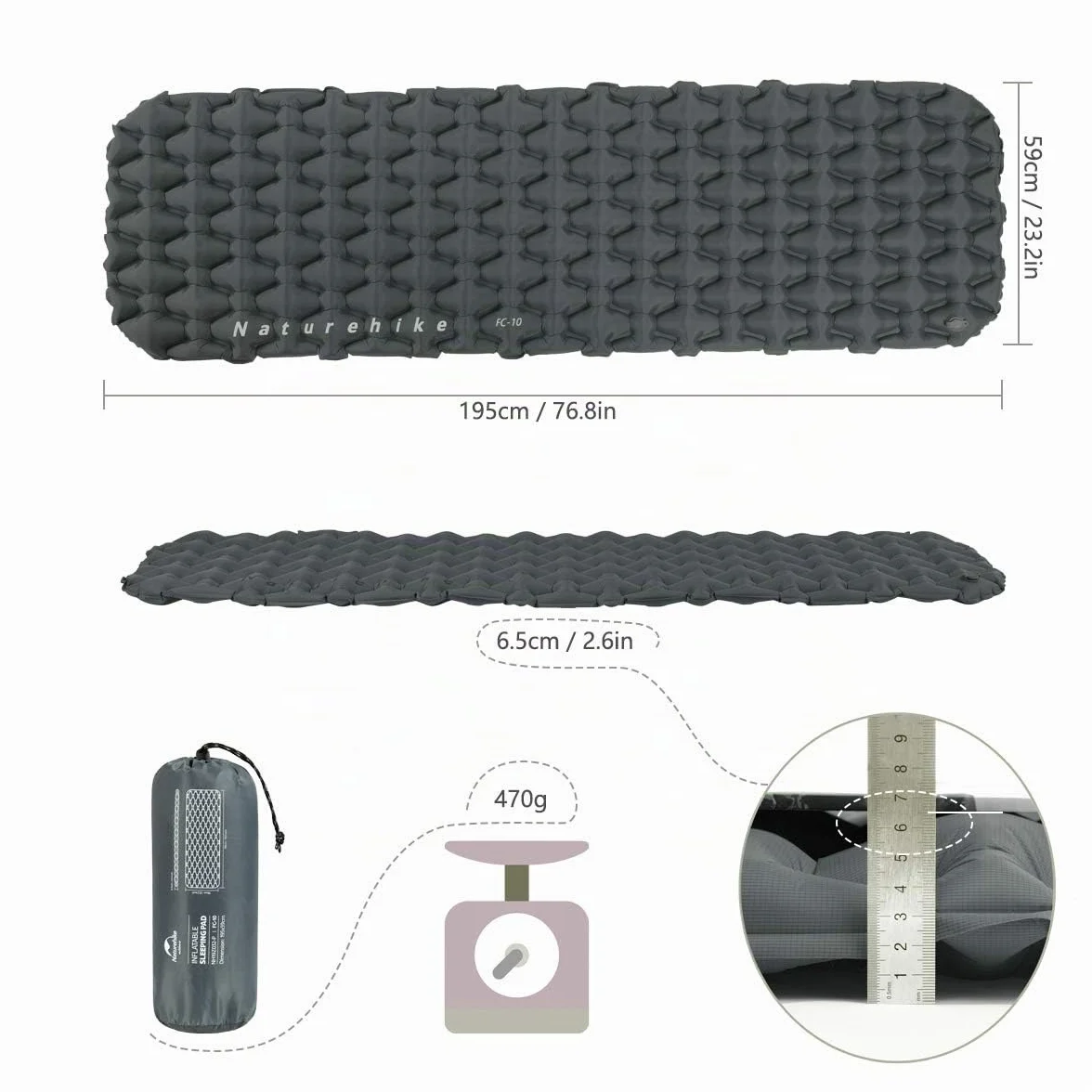 Naturehike Colchoneta Autoinflable Ultraligera 6,5 cm Grosor Impermeable para Senderismo Mochilero