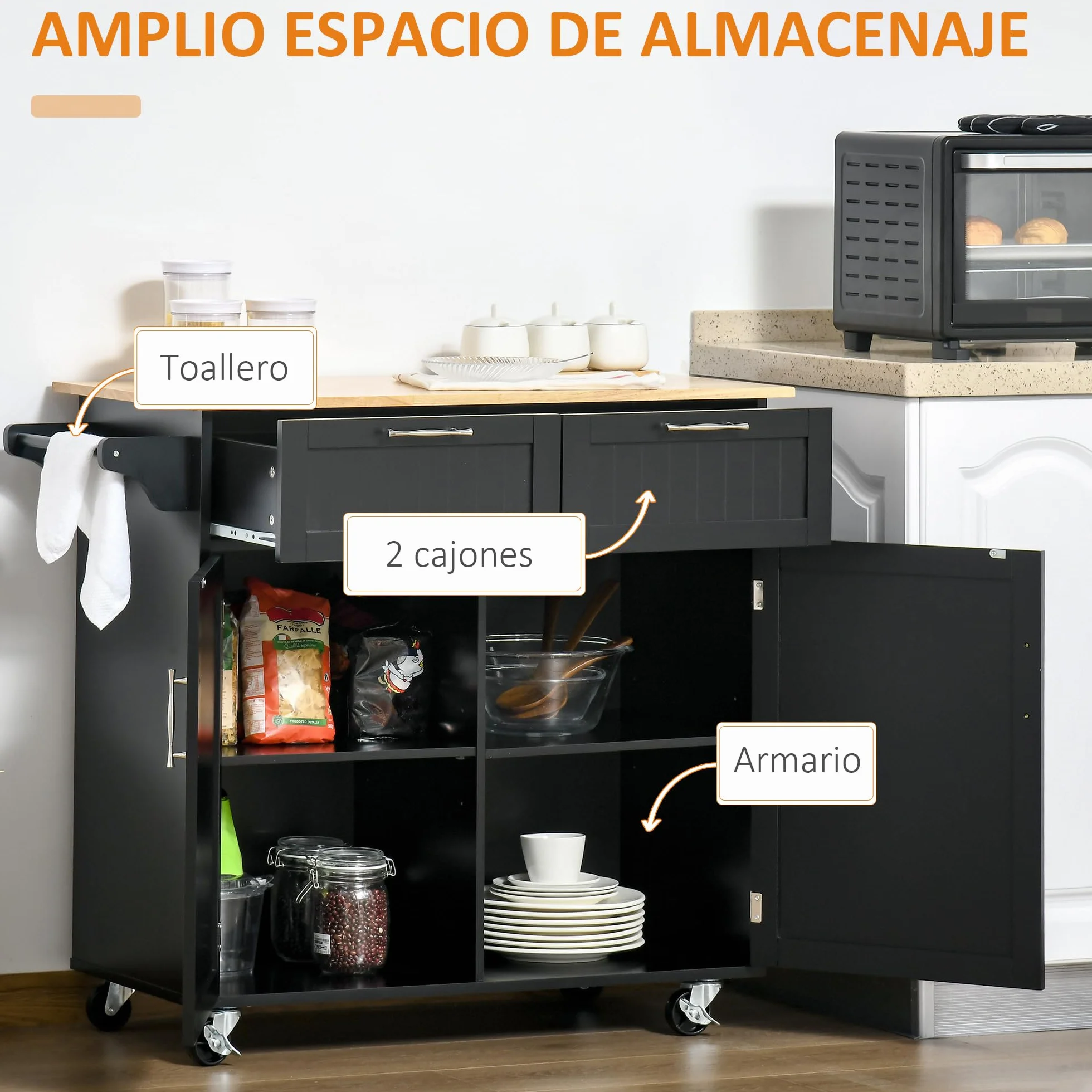 HOMCOM Isla de Cocina con Ruedas Carrito de Cocina Mueble Auxiliar de Cocina con 2 Puertas 2 Cajón Toallero y Estante Ajustable para Comedor Salón 104x46x91 cm Negro