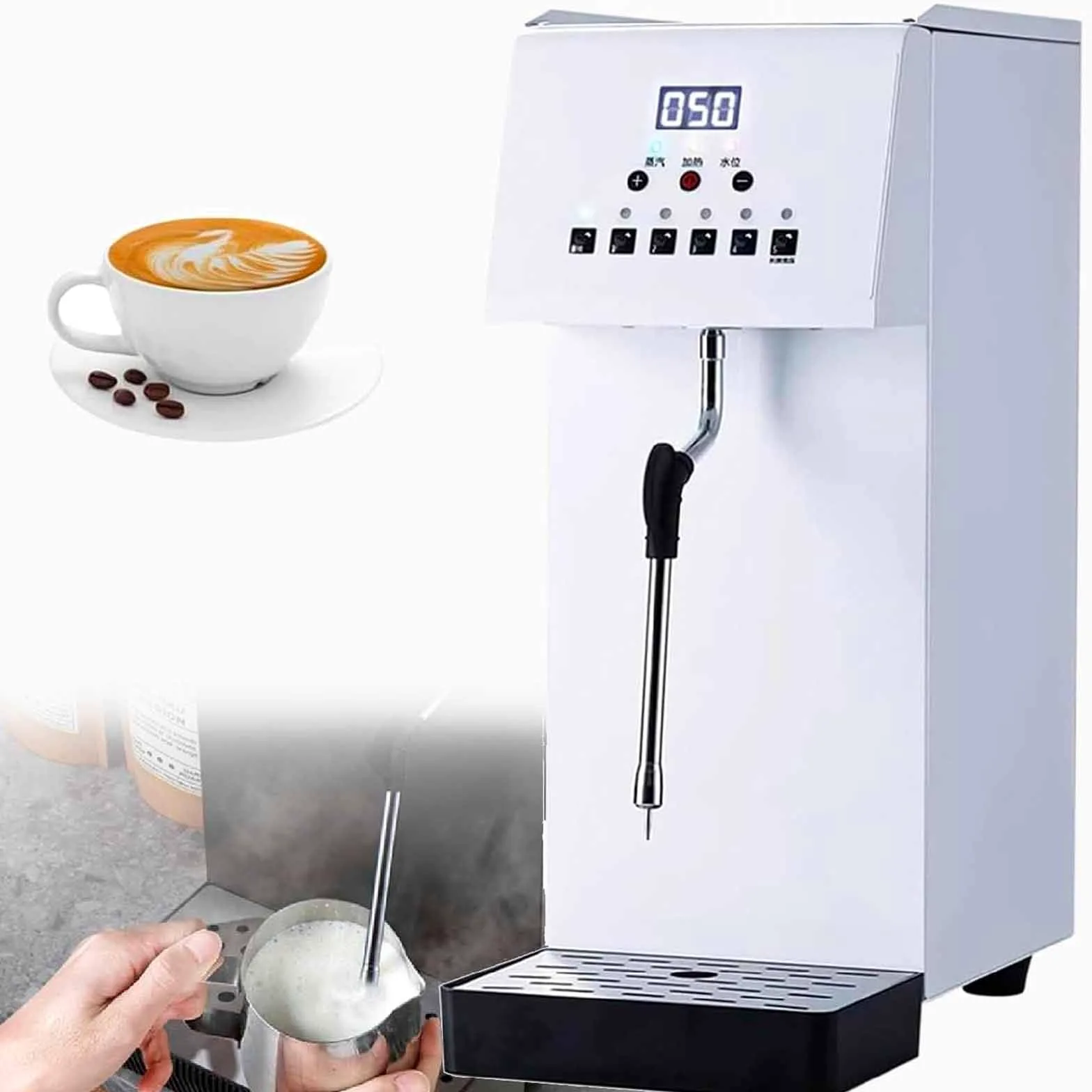 Espumador de leche eléctrico comercial de 2500 W, con vapor, tanque de 6 L, acero inoxidable 304, 5 ajustes de temperatura preestablecidos, pantalla LED para latte y capuchino, protección co