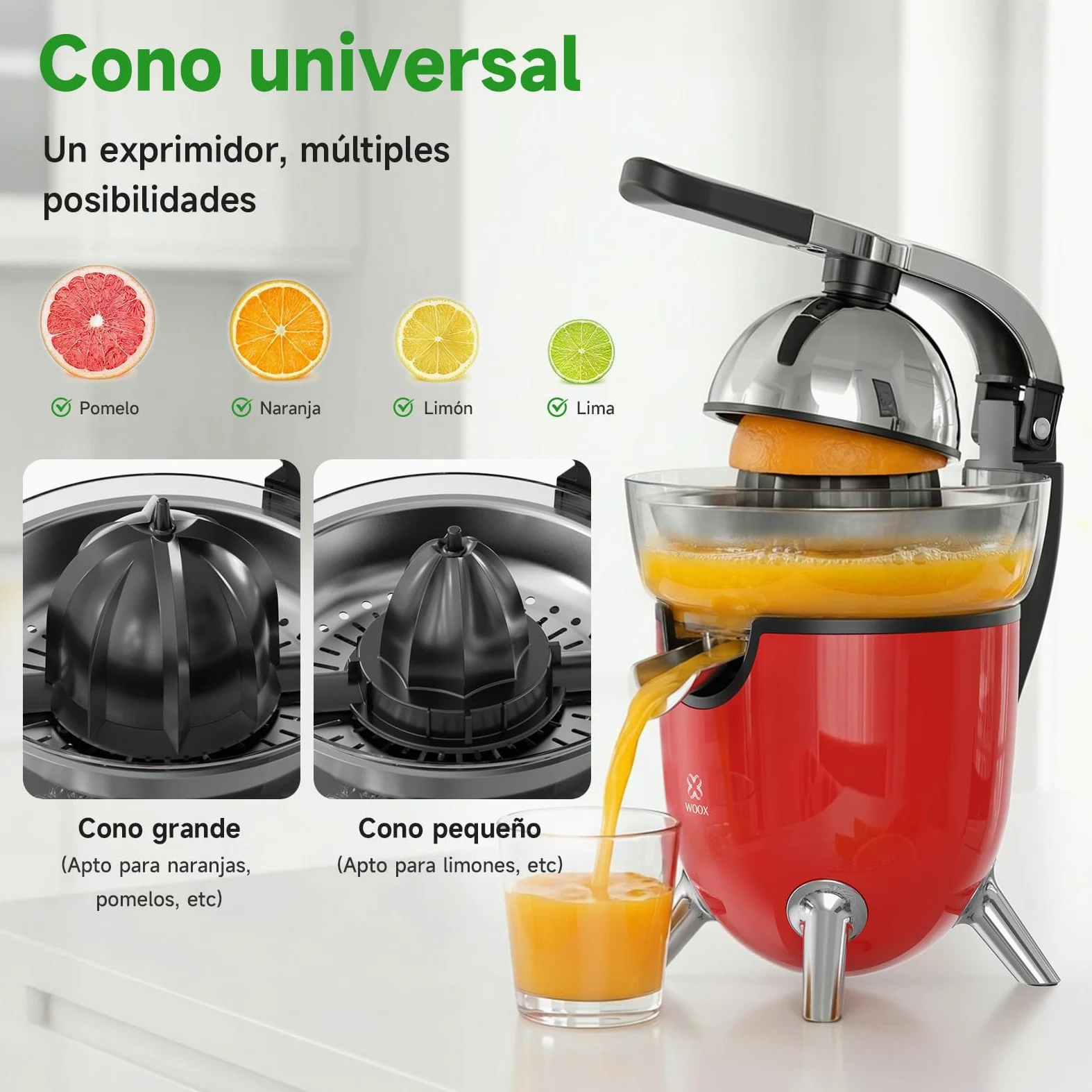 Woox Exprimidor de Naranjas Electrico, con Brazo de Palanca, 100W, Exprimidor Electrico Silencioso con 2 Conos para Limones y Pomelos, Boquilla Antigoteo, Sin BPA, Desmontable y Fácil de Limpiar