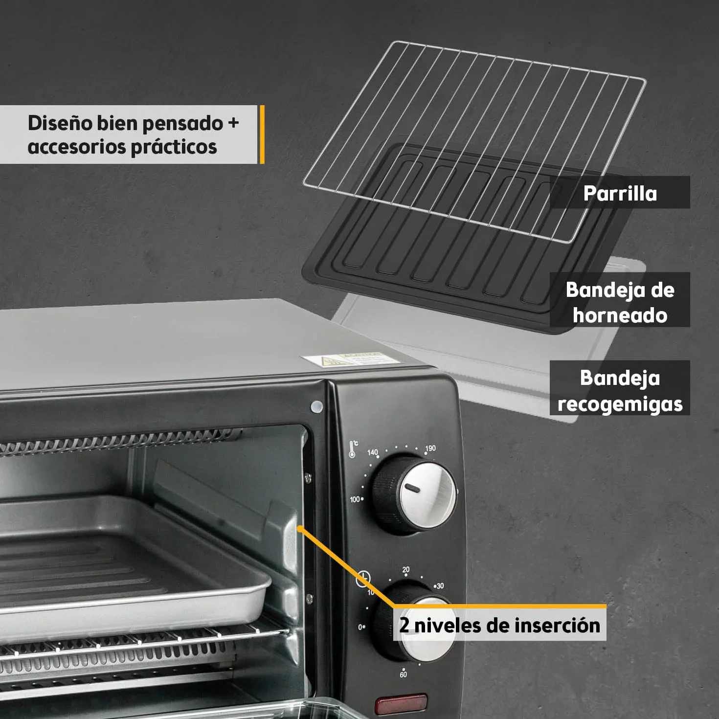 TZS First Austria - Mini Horno 10L 800W - Minihorno con regulación de temperatura hasta 230°C - Con temporizador de 60 min, 2 alturas de inserción, bandeja y parrilla - Para cocinas pequeñas y camping