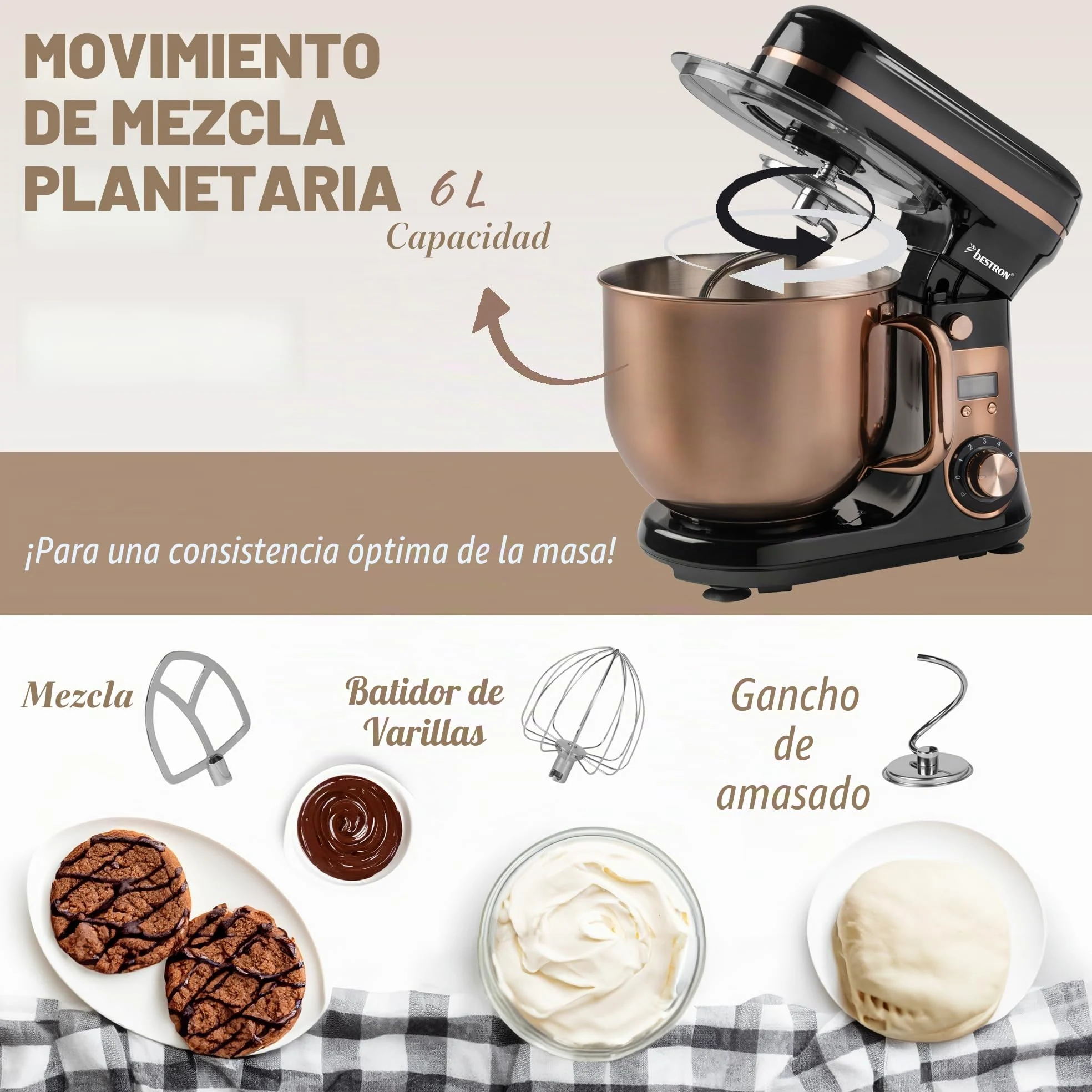 Bestron - Robot pastelero (65 dB), robot de cocina 4 en 1, cuenco de 6 litros, incluido gancho amasador, batidor y batidor plano, 6 velocidades + función Pulse, Cobre