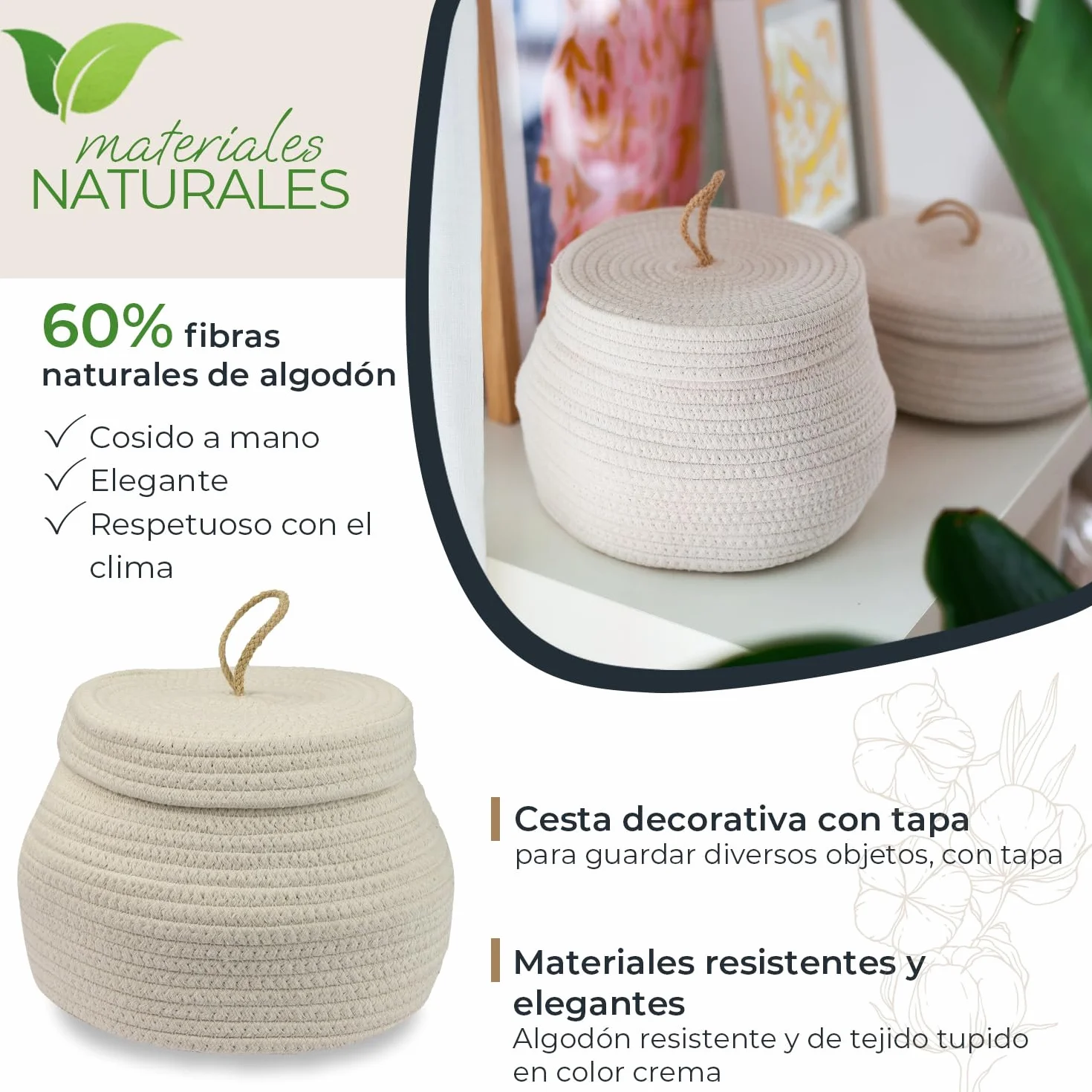 HMF Cesta de almacenamiento redonda para baño, cesta con tapa de algodón, altura 25,5 x 19 cm, color crema