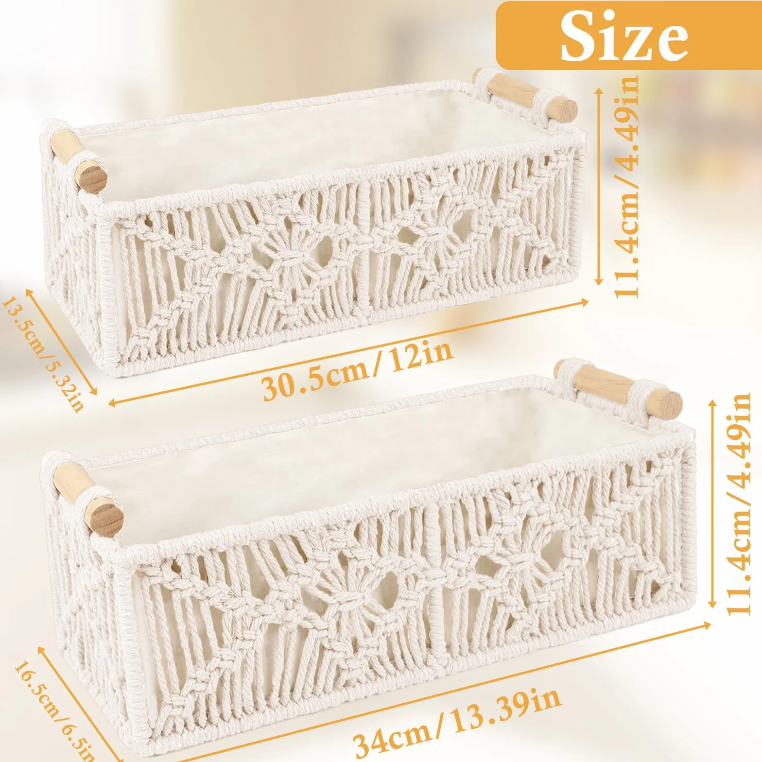 Cestas de Almacenamiento de Macramé Hechas a Mano, Decoración Bohemia, Caja Tejida con Asa, Cesta Trenzada para Baño, Dormitorio, Salón (Blanco Algodón)