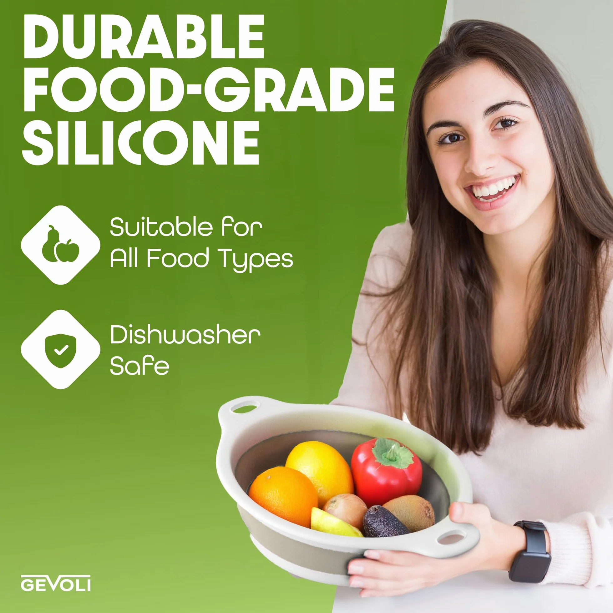 GEVOLI Coladores plegables (lote de 2) - Coladores de alimentos con base de goteo para fregadero, ideales para pastas, frutas y verduras (4 L y 5 L) - Blanco/Beige
