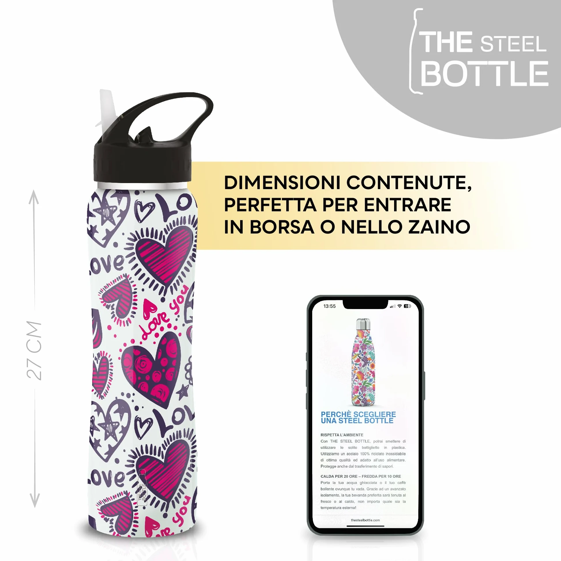 The Steel Bottle - Botella térmica de Acero Inoxidable, Aislamiento al vacío de Doble Pared, Capacidad 500 ml, Cierre hermético, Botella portátil